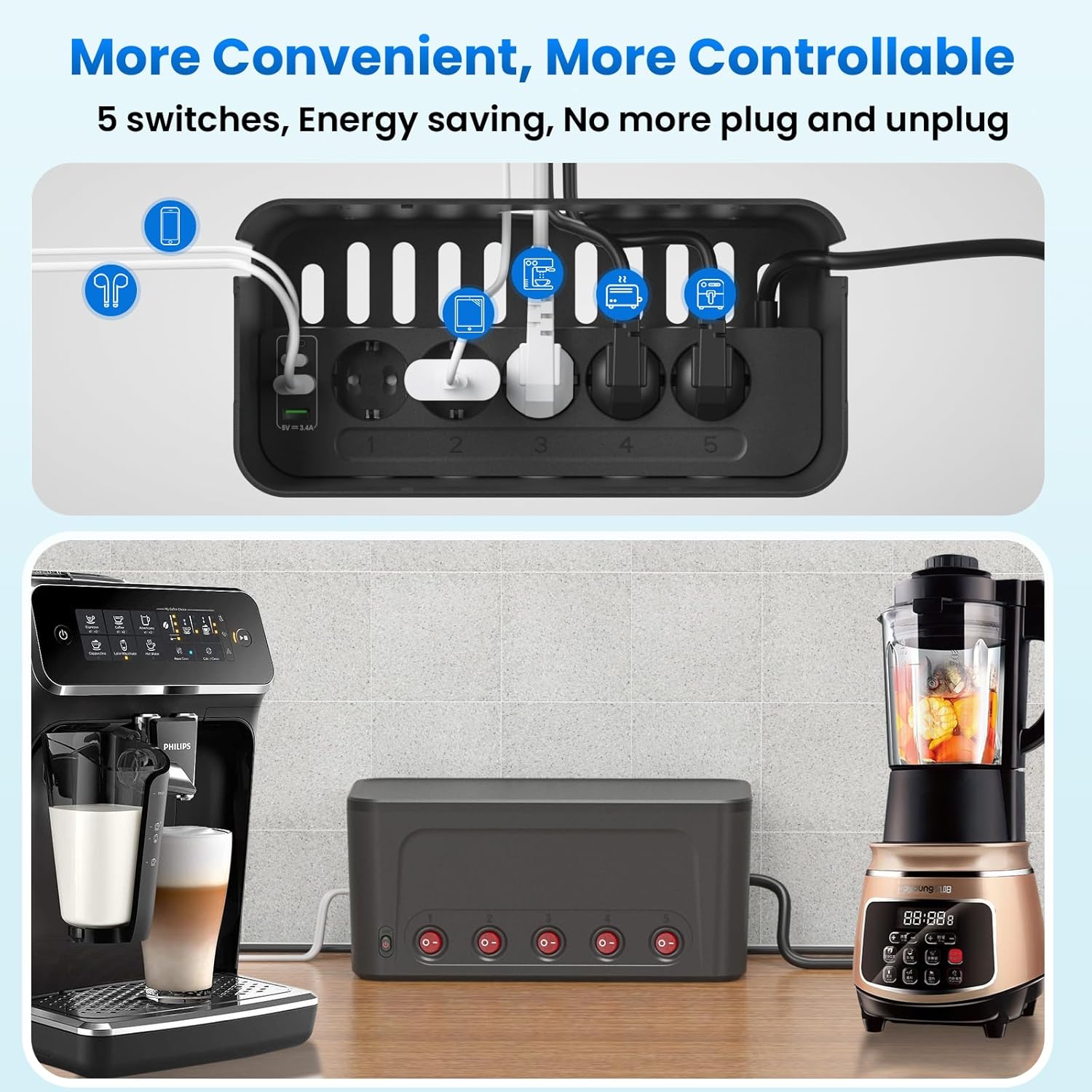 Thumbnail 2 de Kabelbox mit Steckdosenleiste (Überspannungsschutz) und 5 einzeln schaltbaren Steckdosen + 4 USB, schwarz – mit Kabelmanagement