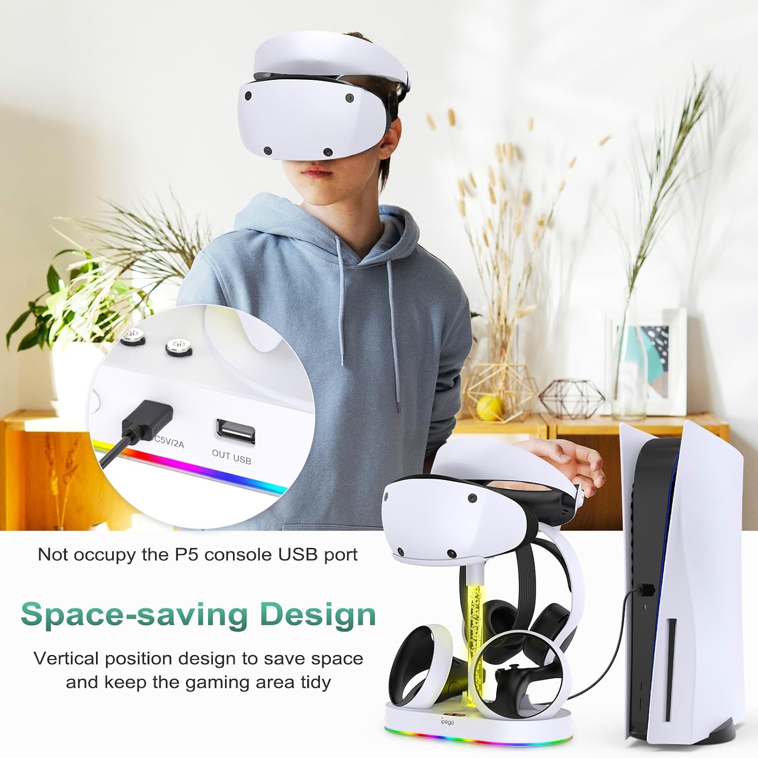 Detalle 2 de FASTSNAIL Ladestation für PSVR2 Controller – LED-Ständer mit 15 RGB-Modi, kompatibel mit PlayStation VR2