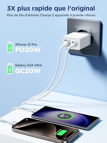 Detalle de Aioneus Chargeur USB C 40W 4 Ports – Charge rapide multi-port USB-C et USB-A
