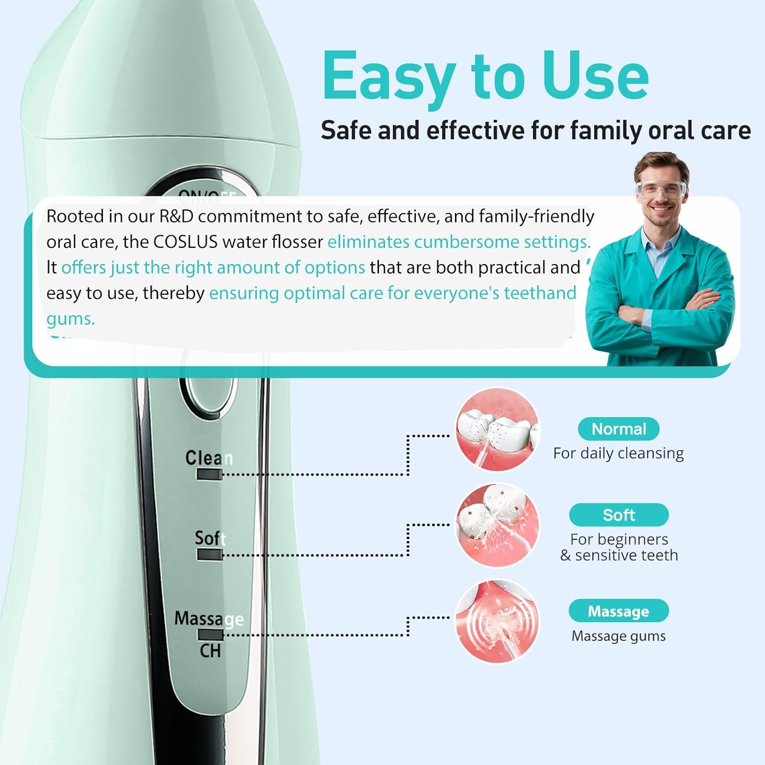 Thumbnail 4 de COSLUS C20 Portable Cordless Water Flosser (300ML) — IPX7 Rechargeable Dental Irrigator, Green