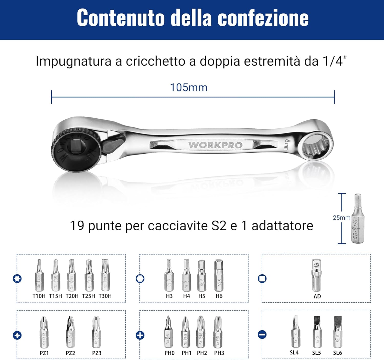 Thumbnail 1 de WORKPRO Mini chiave a cricchetto doppia testa 1/4" – design 3 in 1, 72 denti, 105 mm