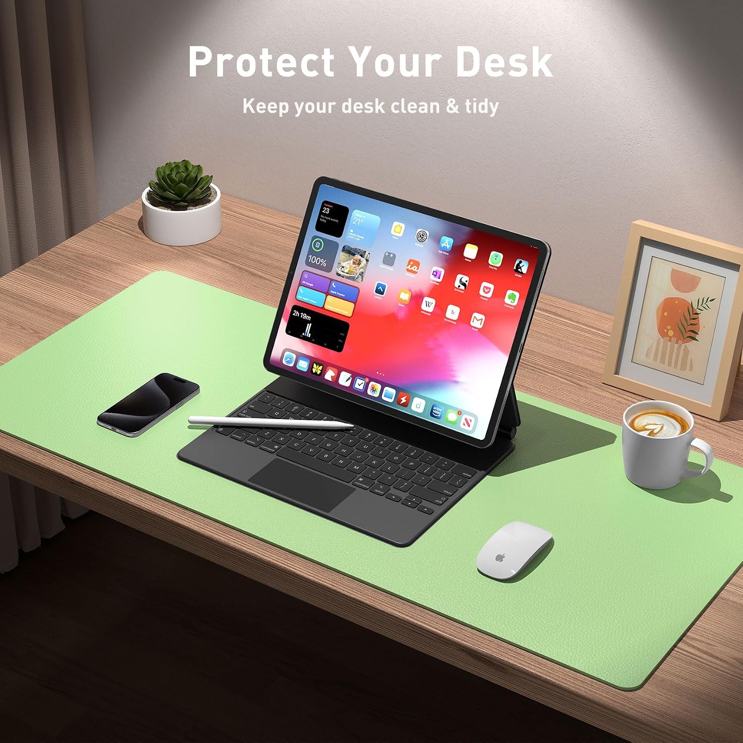 Detalle de Aothia PU Leather Desk Pad, 23.6" x 13.7", Foam Green, Non-Slip Back