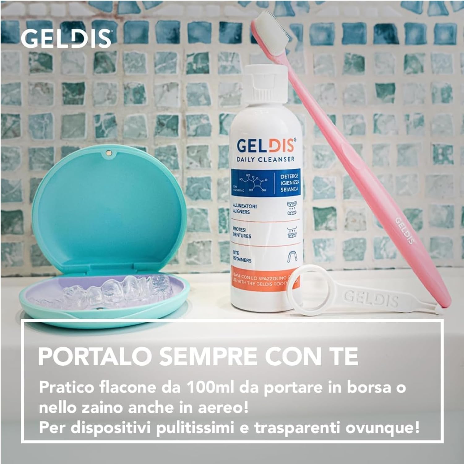 Detalle de GELDIS Daily Cleanser: Gel Detergente Igienizzante e Sbiancante per Mascherine, Apparecchi Ortodontici e Protesi