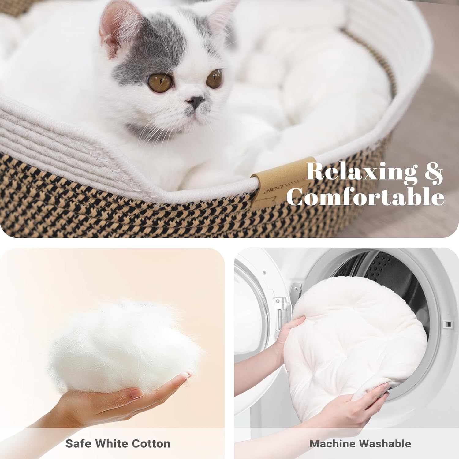 Detalle de CheerPals Cat Bed with Cushion (47 cm) – Cotton Rope Basket for All-Season Comfort