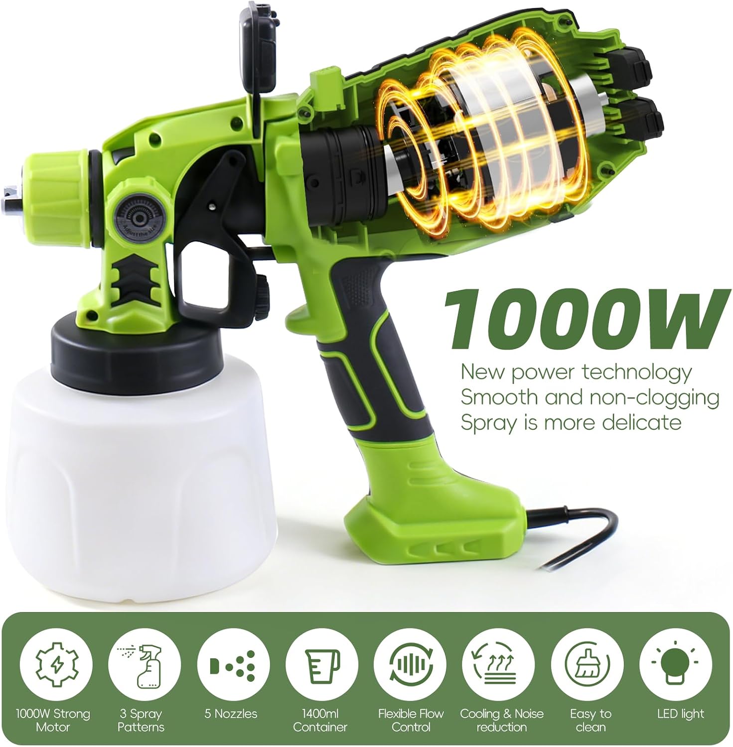Detalle de Pistola per Verniciare HVLP 850W con serbatoio da 1400 ml, 5 ugelli in ottone, LED e regolazioni di flusso e ampiezza per muri, pareti e soffitti