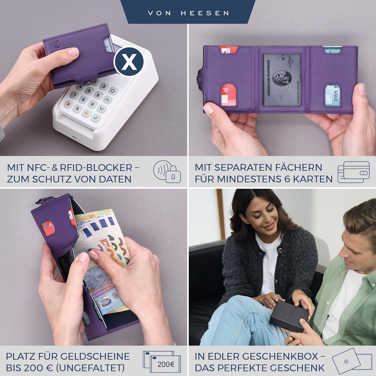 Detalle de VON HEESEN Slim Wallet mit RFID-Schutz – Leder-Kreditkartenetui im Querformat, klein & flach