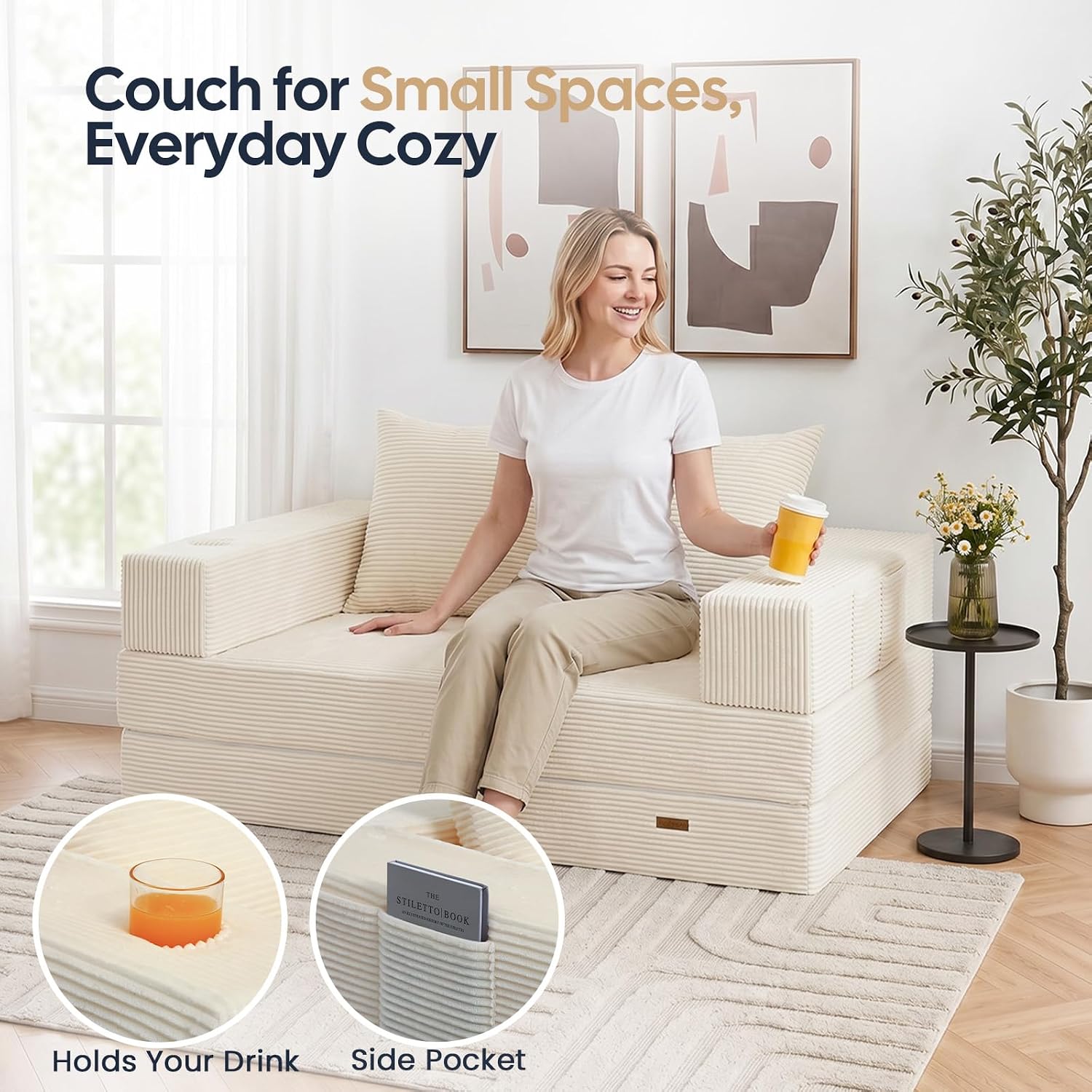 Detalle de COMAX 4-in-1 Futon Sofa Bed: Space-Saving Convertible Couch for Small Living Spaces