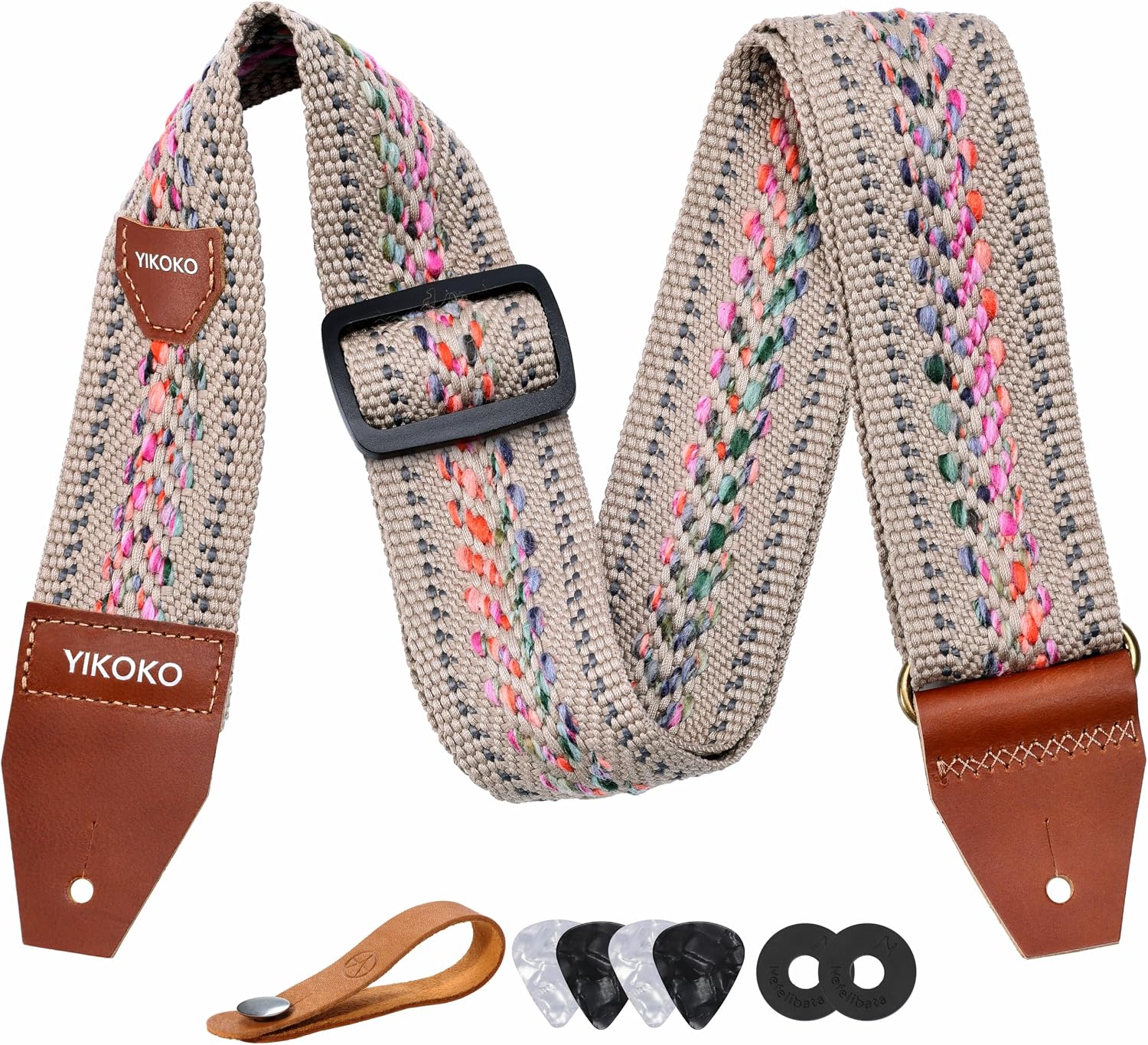 Detalle de YIKOKO Gitarrengurt mit Vollnarbenlederenden, 5,1 cm Breite – Baumwolle für Bass-, E- und Akustikgitarre