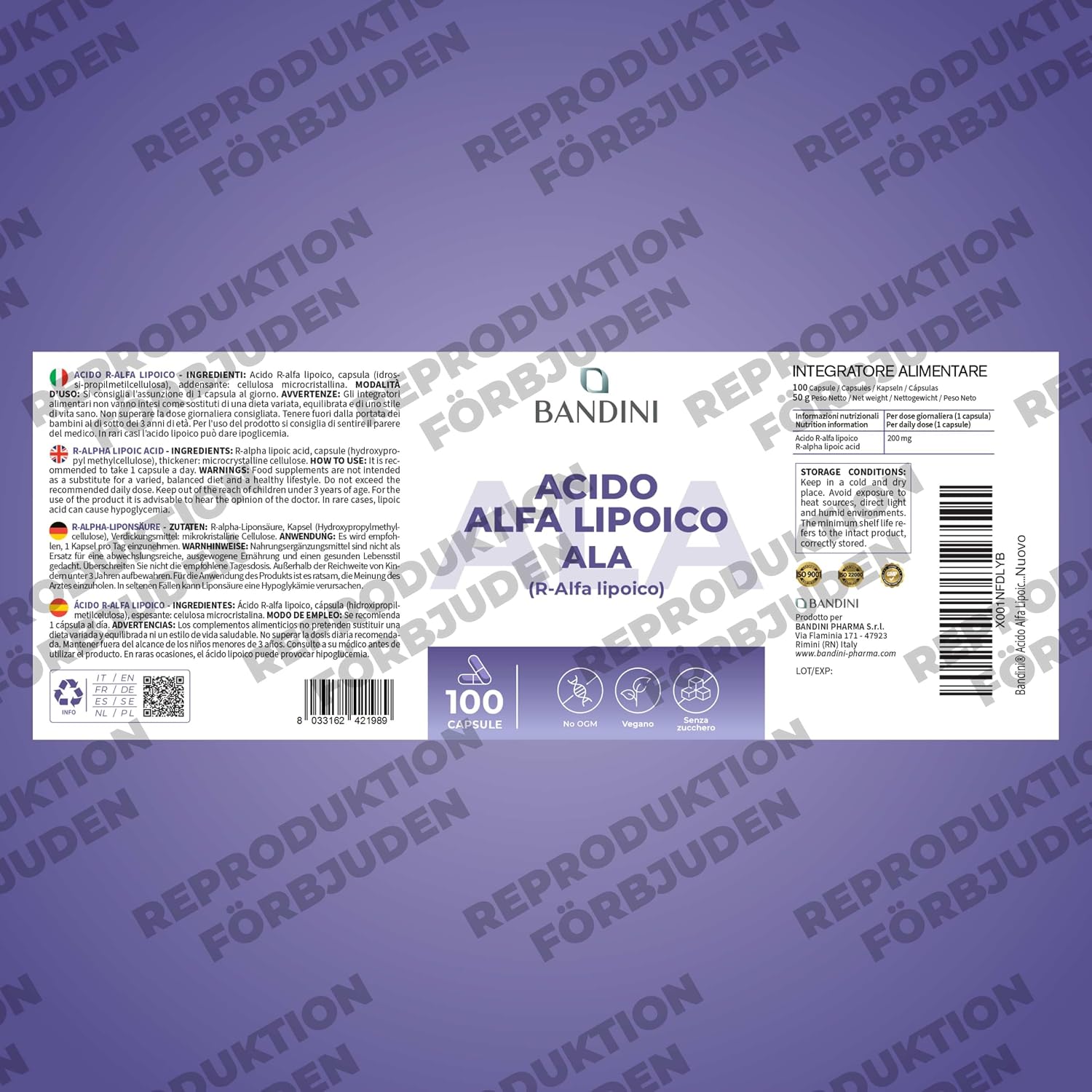 Detalle de BANDINI ALA alfaliponsyra 200 mg, 100 veganska kapslar