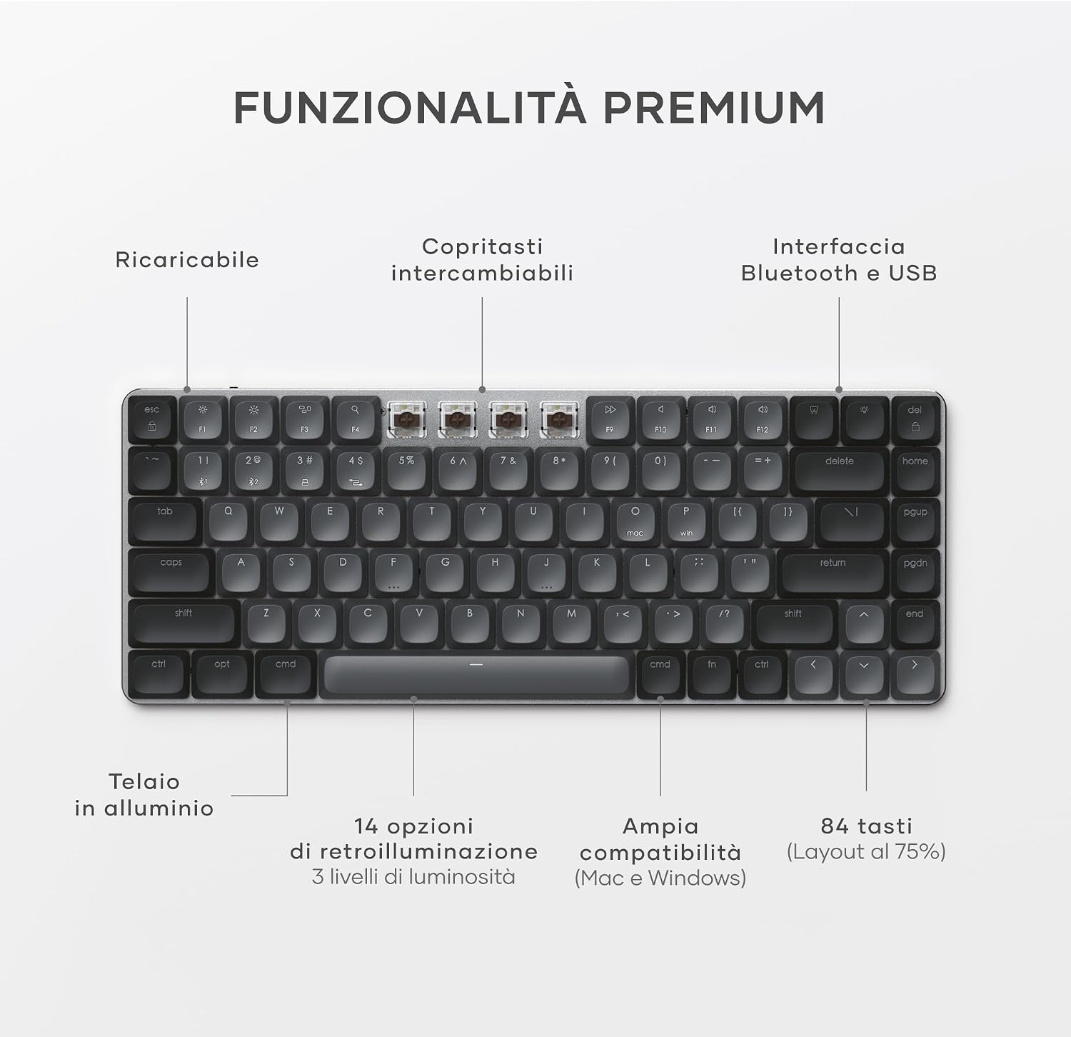 Detalle de Satechi Tastiera Meccanica 75% SM1 QWERTY US: Bluetooth, 84 tasti retroilluminata e ricaricabile (Grigio-Nero) – per Mac e Windows