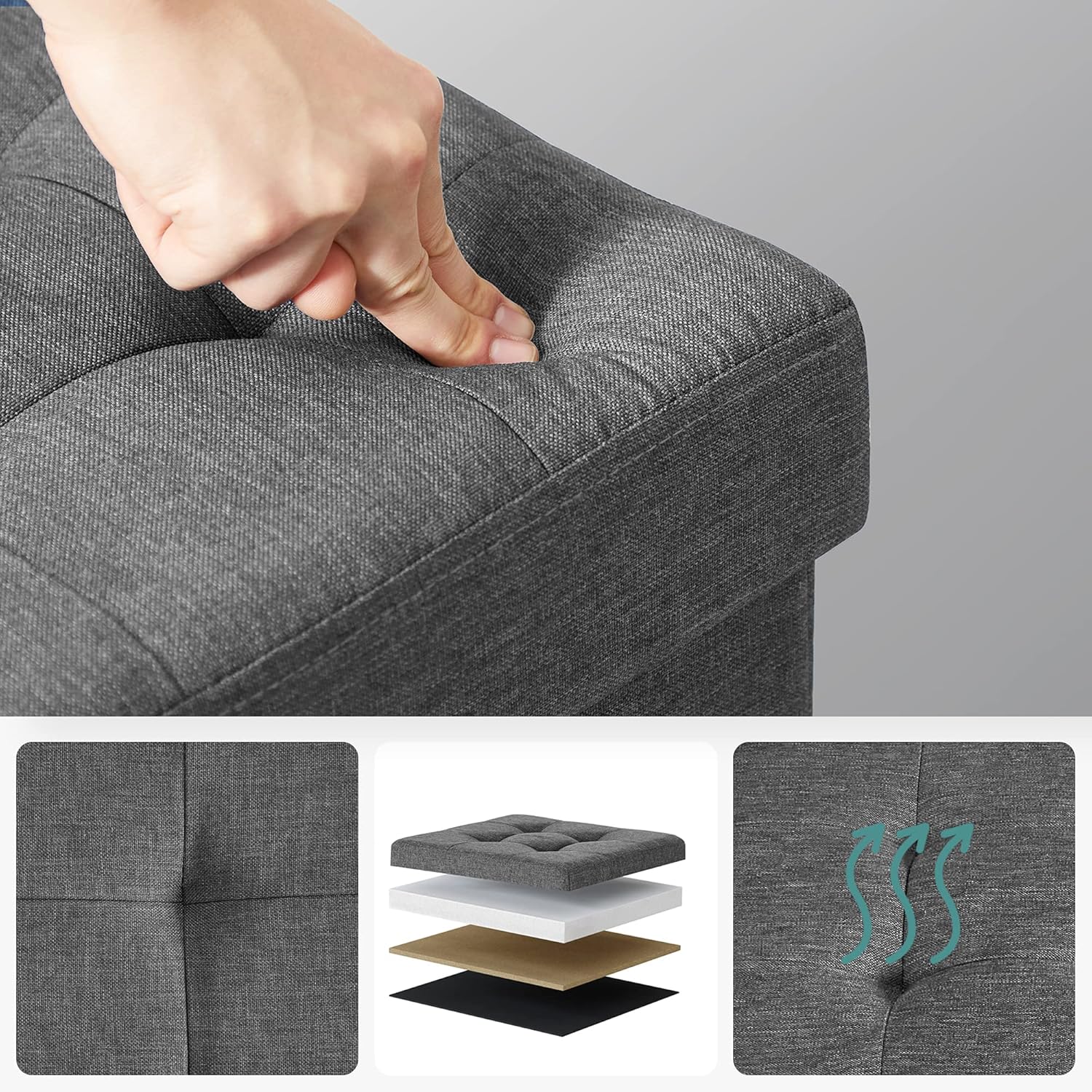 Thumbnail 5 de Pouf contenitore SONGMICS da 38 cm LSF027G12, panca pieghevole con seduta imbottita (grigio cenere)
