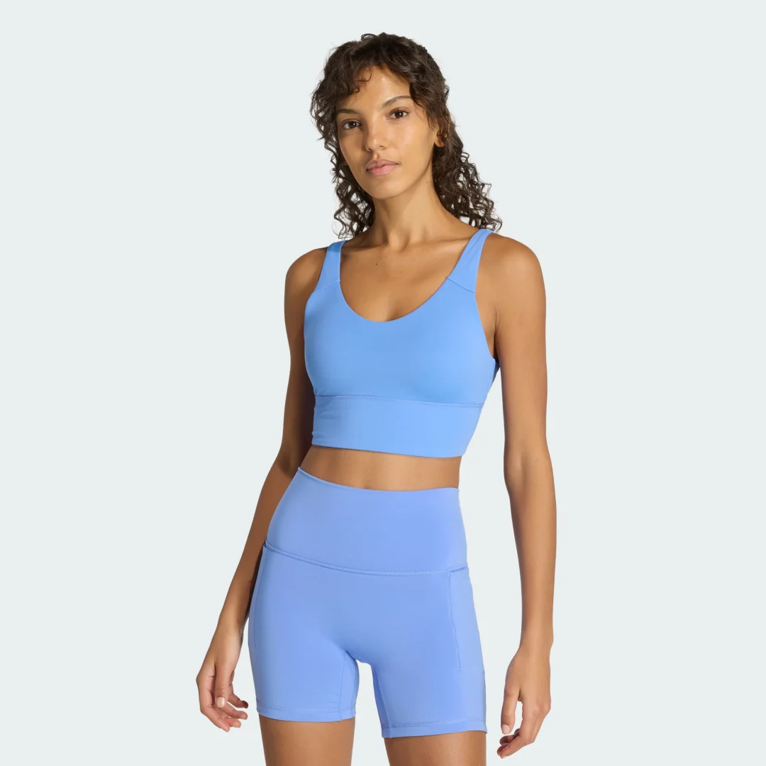 Detalle de Sujetador para poco impacto 3 Stripes Studio All Me de Adidas – Azul