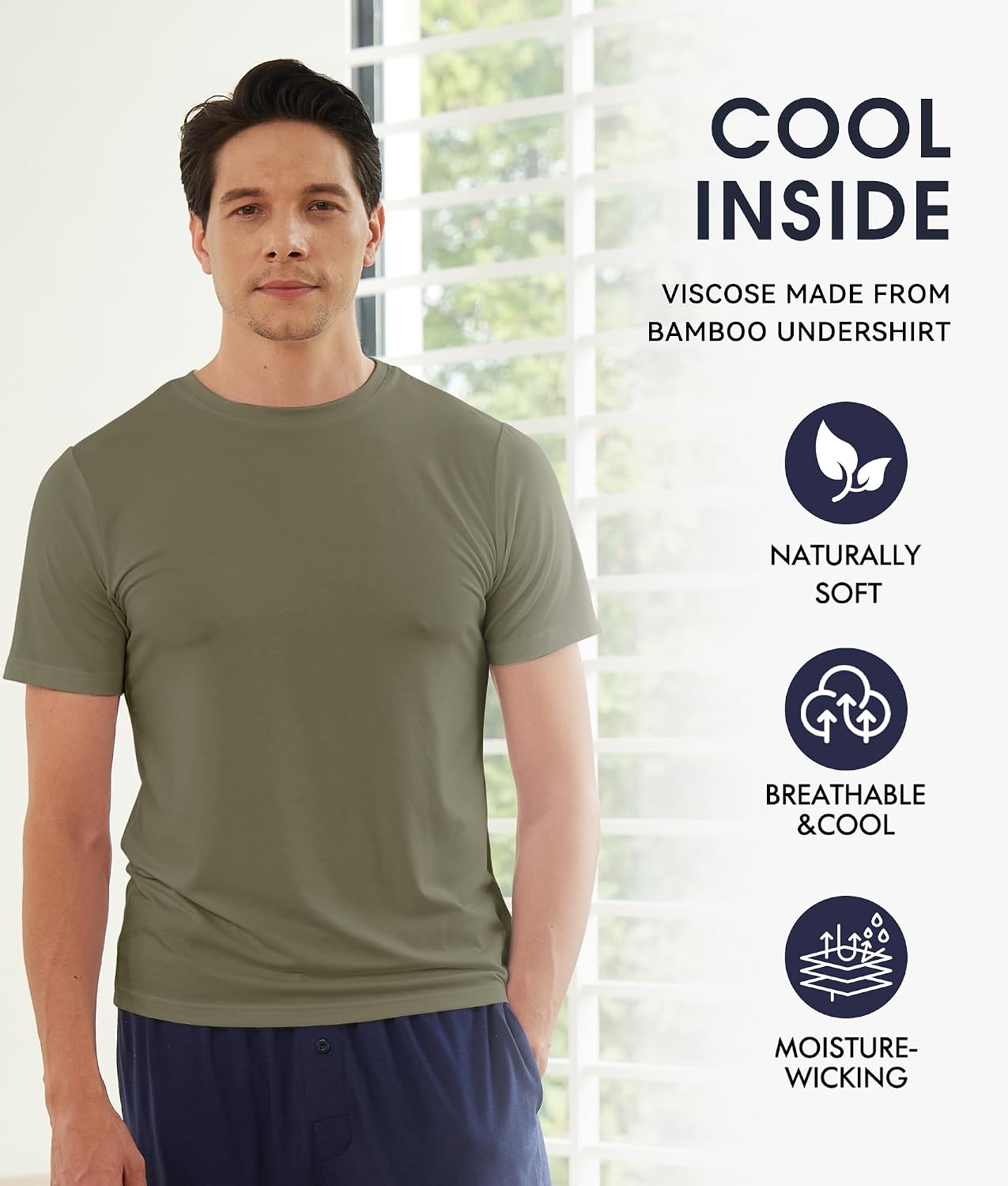 Detalle de BAMBOO COOL Men's Crew Neck Undershirts – Moisture-Wicking Bamboo-Polyester (Pack of 3 or 6)