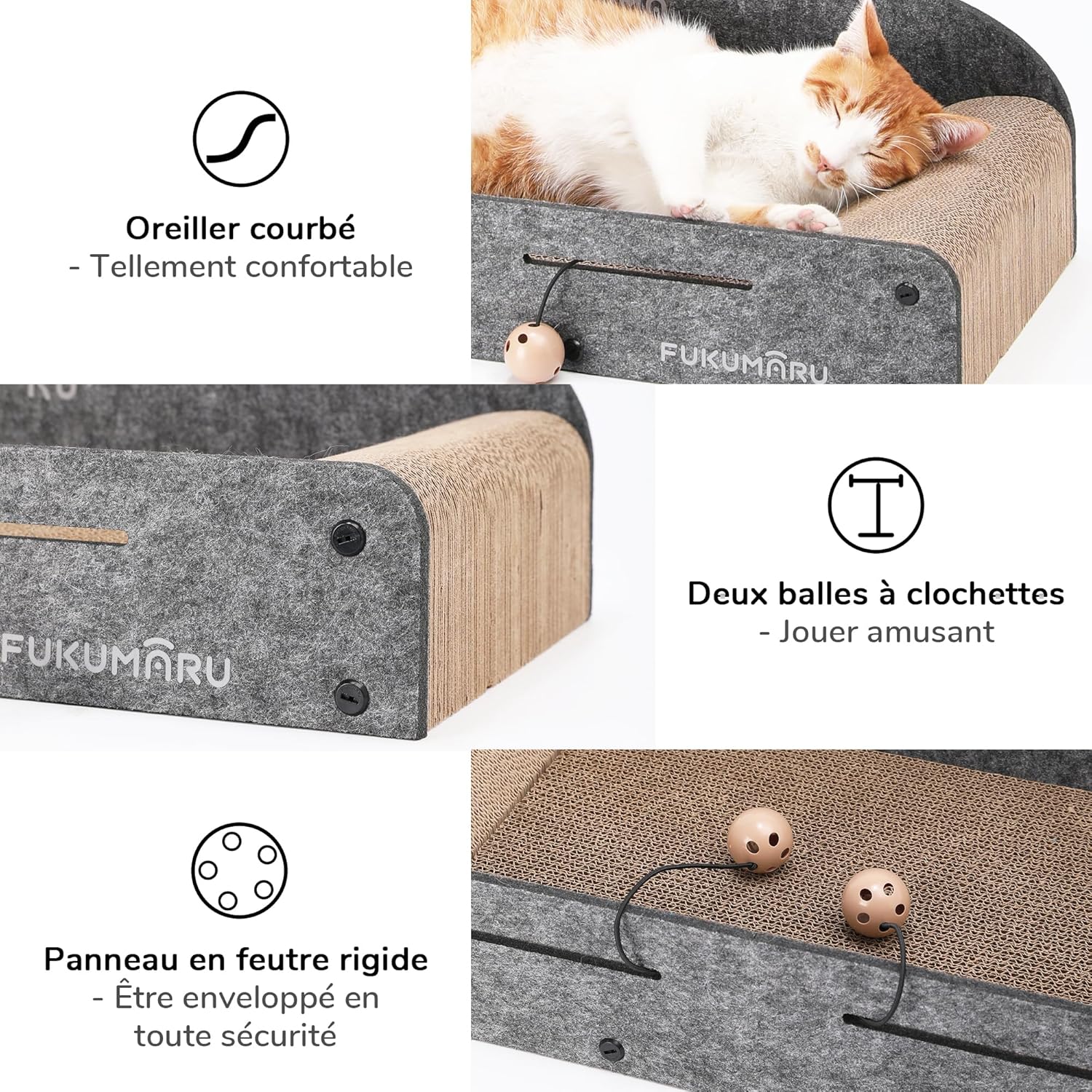 Thumbnail 6 de FUKUMARU Grattoir pour chat de 66 cm en carton recyclable – grande chaise longue, 2 griffoirs réversibles