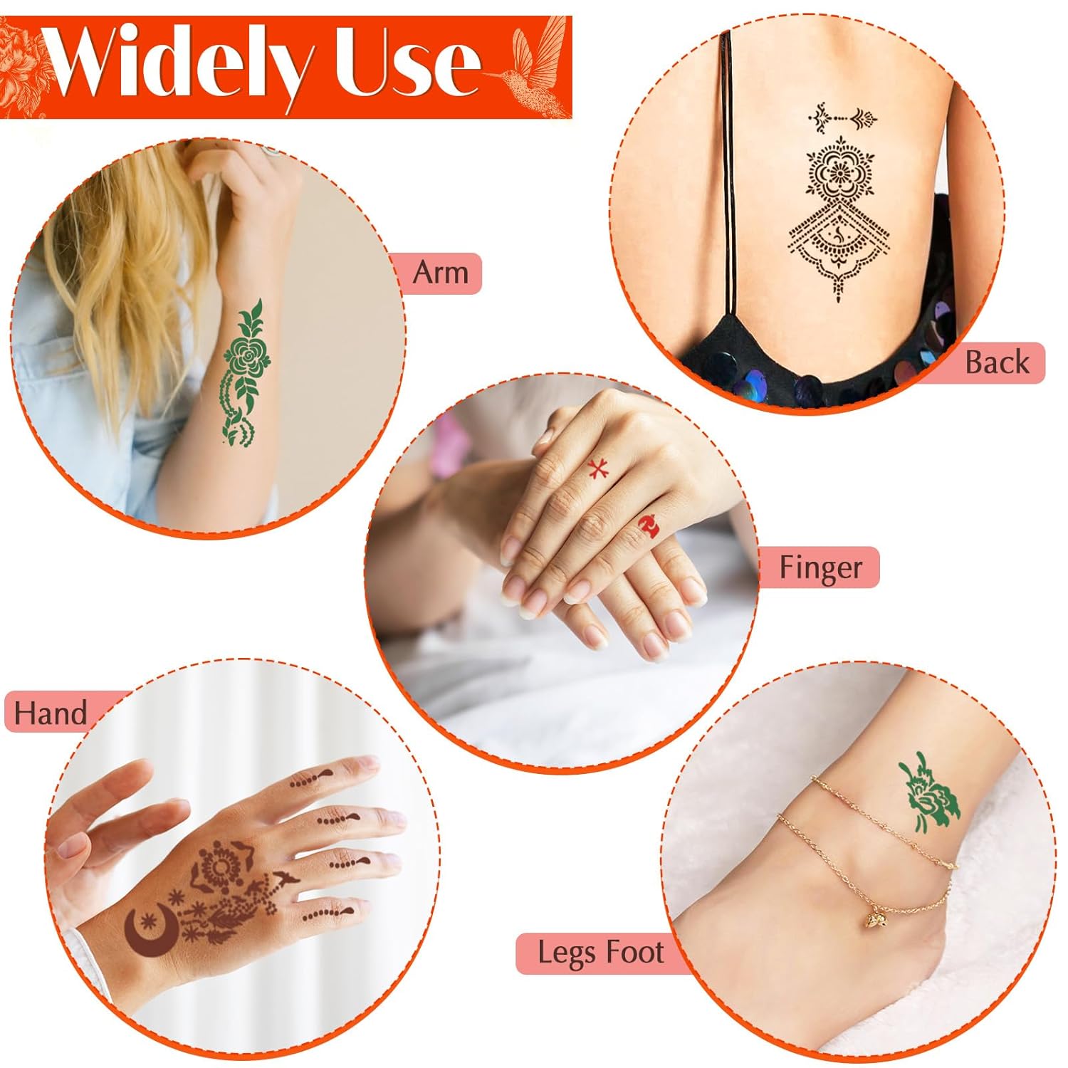 Detalle de MuseLuxe Temporary Tattoos Stencils Kit - 102 Designs, 8 Ink Colors, DIY Body Art