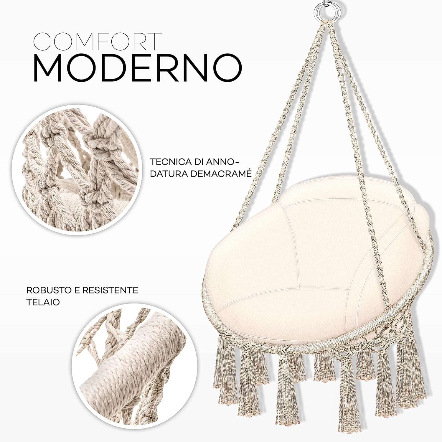 Detalle 2 de Tillvex Poltrona Sospesa con grande cuscino: seduta comoda finora, portata 200 kg, per interno ed esterno