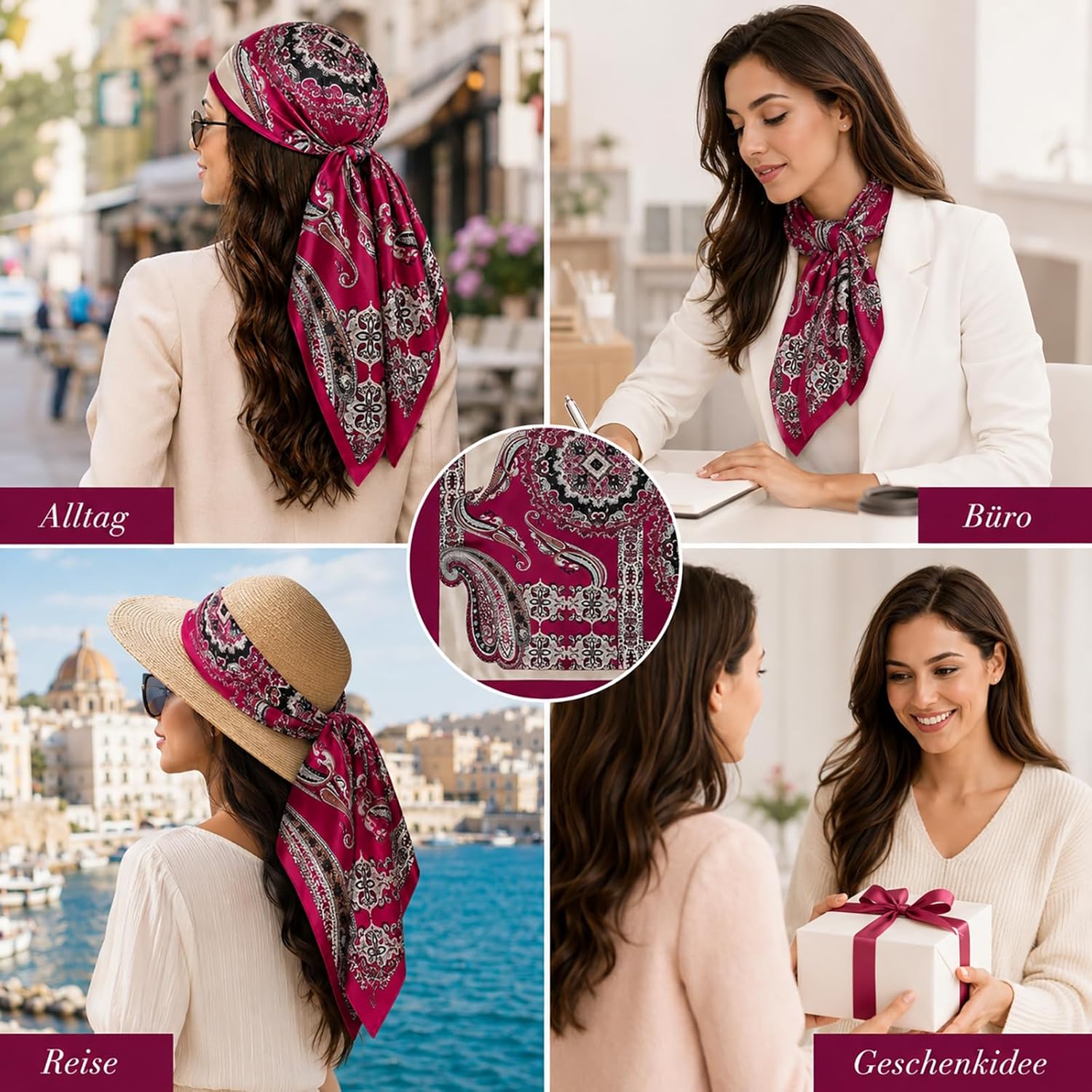 Thumbnail 2 de FAIRYGATE Damen Quadratischer Satin-Schal 90x90 cm – eleganter Kopftuch- und Haarband-Style