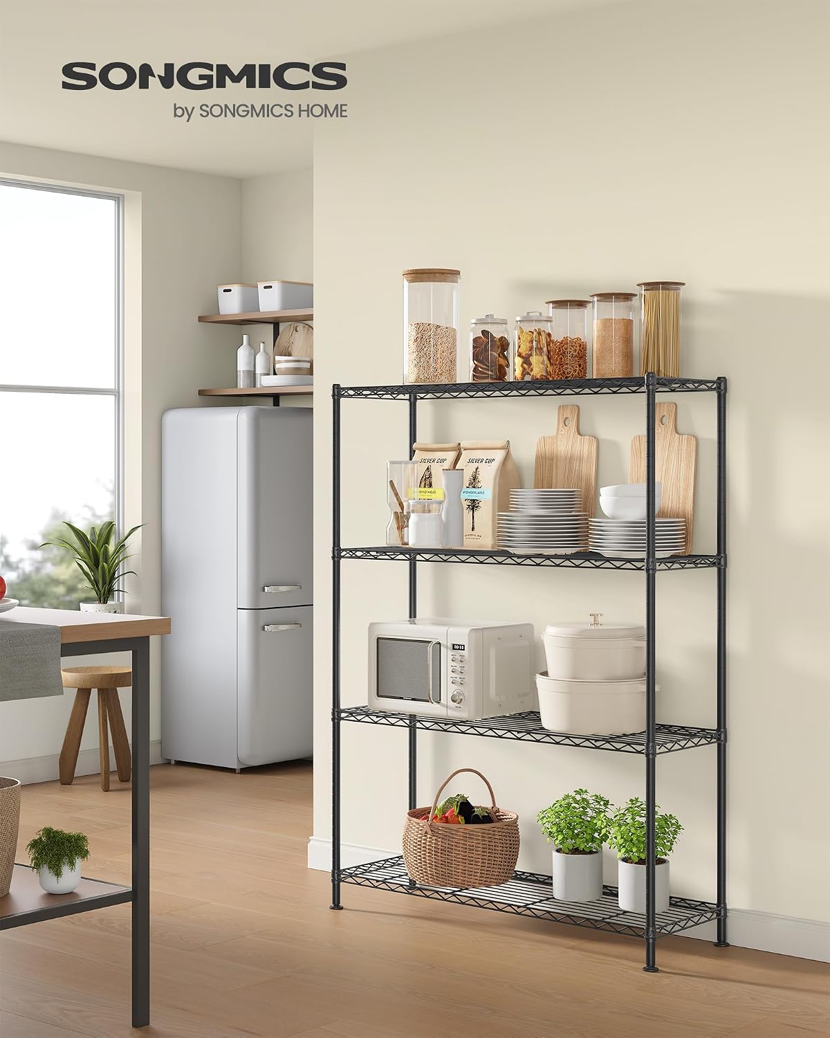 Detalle de SONGMICS Storage Shelf, 4-Tier Metal Garage Shelving Unit, Adjustable Shelves, 30 x 90 x 121 cm, Ink Black (LGR194BH01)