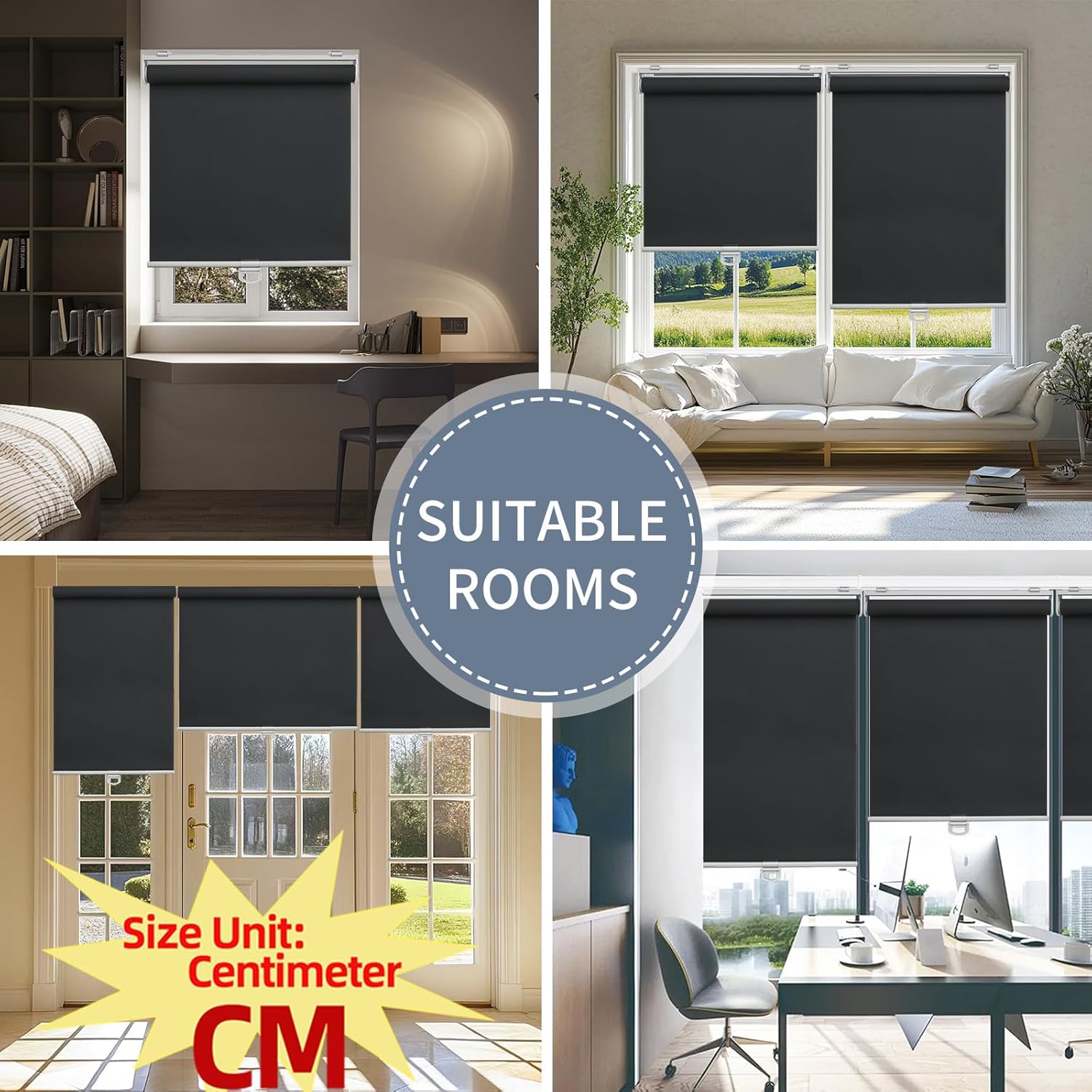 Detalle de SHADEMOON SHADEMOON006-1 Cordless Blackout Roller Shade, Black, 66W x 183H cm