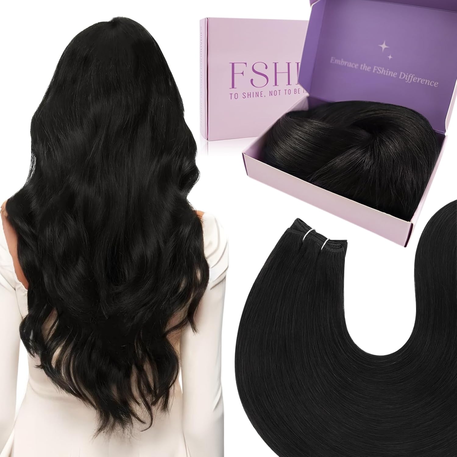 Detalle de Fshine Echthaar-Haarverlängerung als Tressen (60 cm, 100 g) in Pechschwarz zum Einnähen