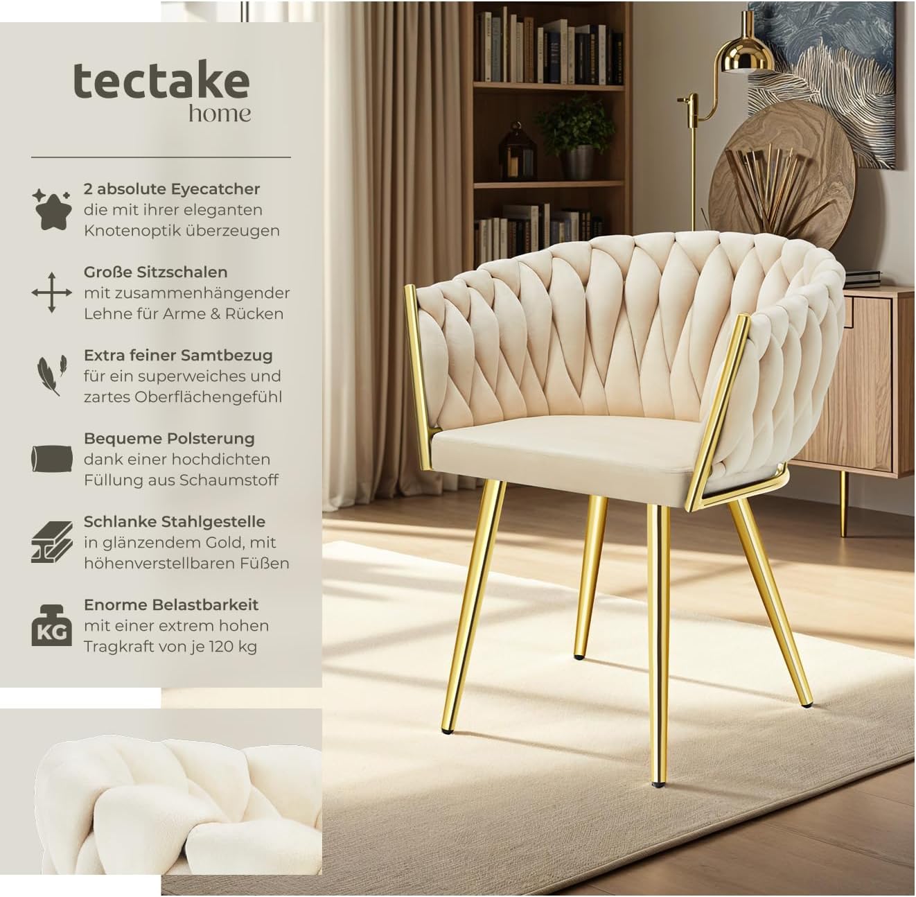 Detalle 2 de tectake Samt-Schalenstuhl Sand 2er Set