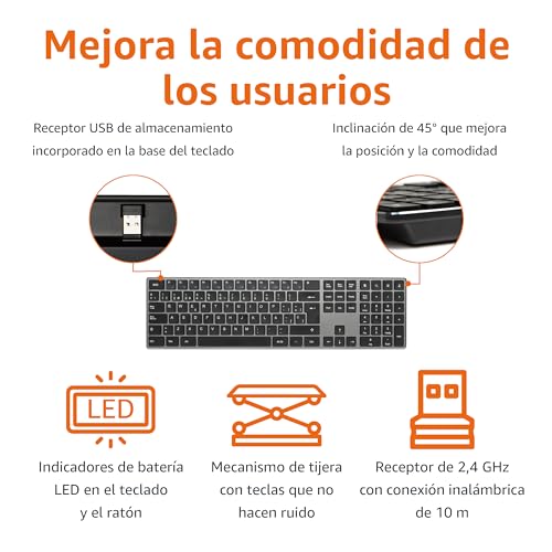 Thumbnail 2 de Amazon Basics Teclado ultrafino y ratón inalámbrable con teclado numérico (ES/MX) – Gris/Negro