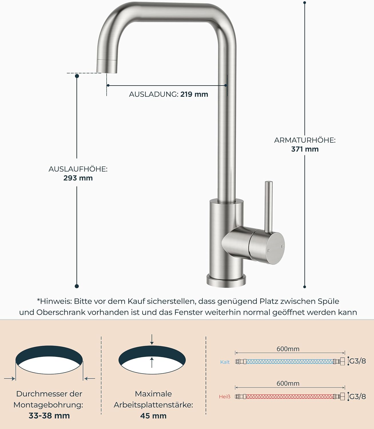 Detalle de FORIOUS Küchenarmatur Edelstahl 304 – 360°-Schwenkarmatur für 1 Loch mit Einhebelbedienung, L-förmig, 371 mm Höhe