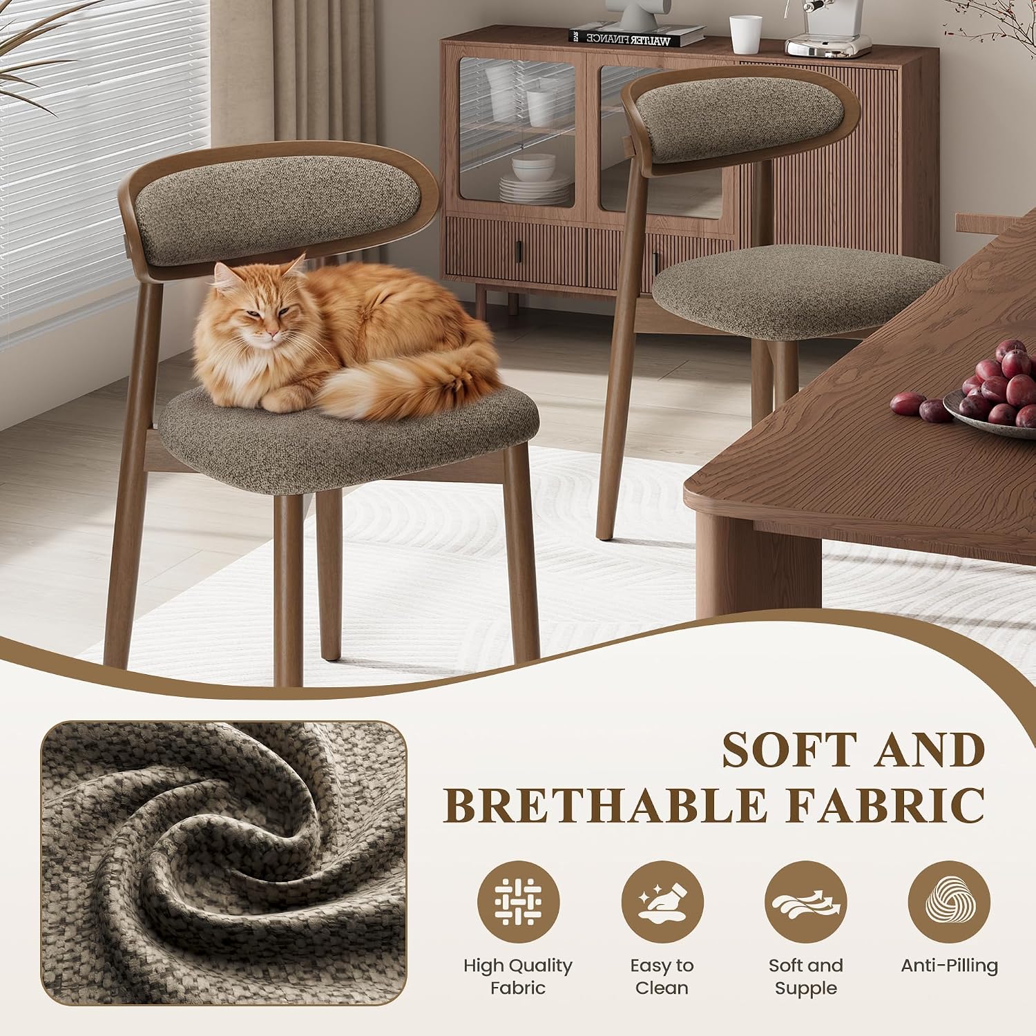 Detalle de MALOL DCW70 Wooden Dining Chairs, Set of 4, Camel Fabric, Curved Back