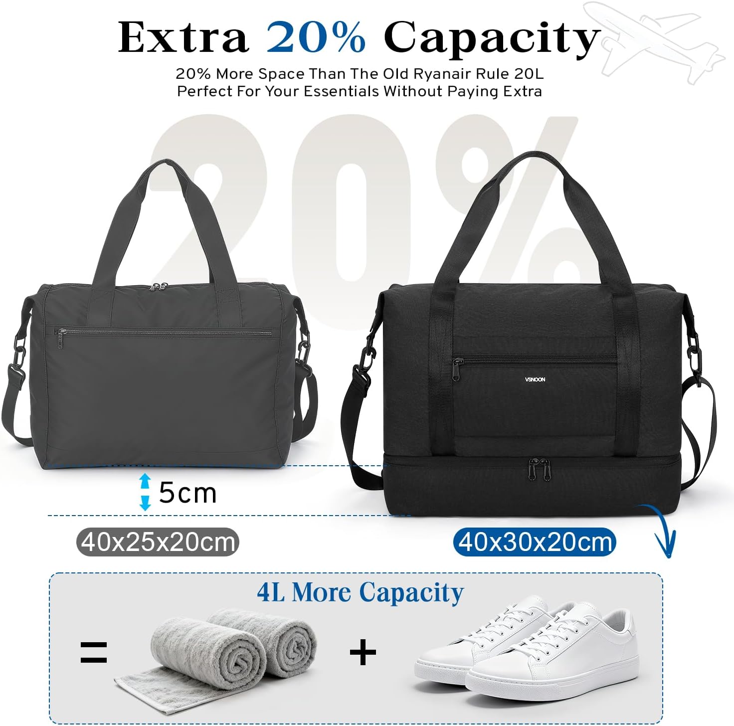 Detalle 2 de VSNOON Foldable Cabin Bag 40x30x20 (24L) with Shoes Compartment