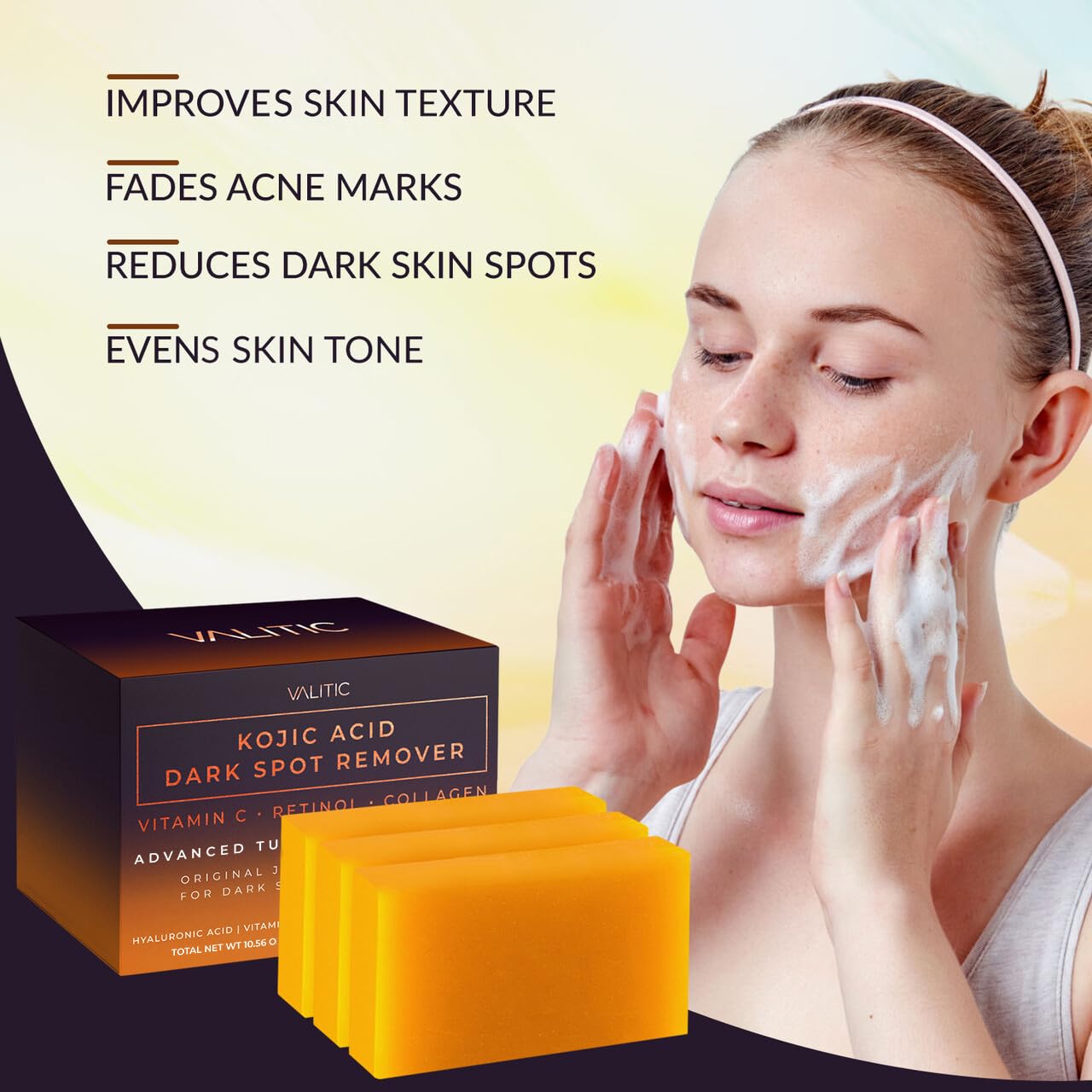Detalle de VALITIC Dark Spot Corrector Soap: Original Japanese Complex with Vitamin C, Retinol, Collagen, Turmeric, and Hyaluronic Acid
