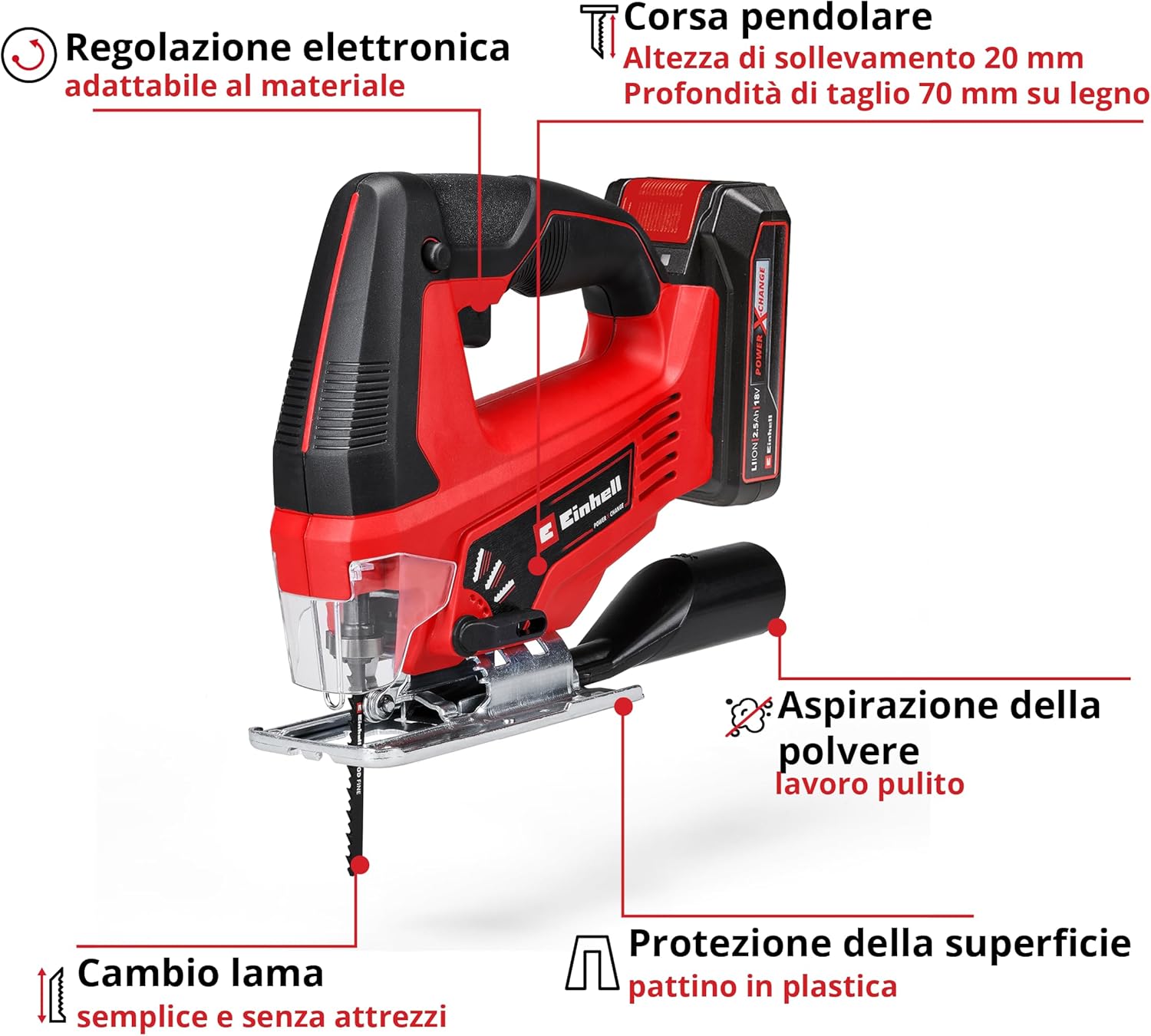 Detalle de Einhell TC-JS 18/70 Li Power X-Change: seghetto alternativo a batteria 18 V, 70 mm (1 pz 2,5 Ah + caricabatterie)