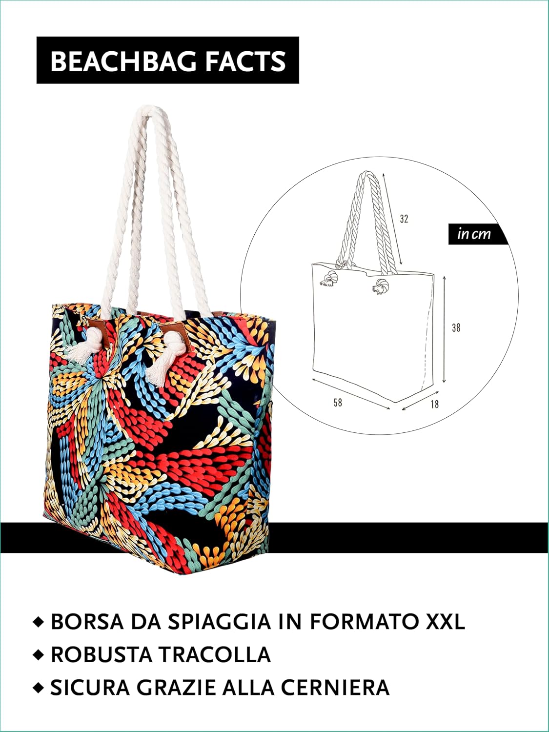 Detalle de DonDon Grande borsa da spiaggia idrorepellente con cerniera – Shopper XXL