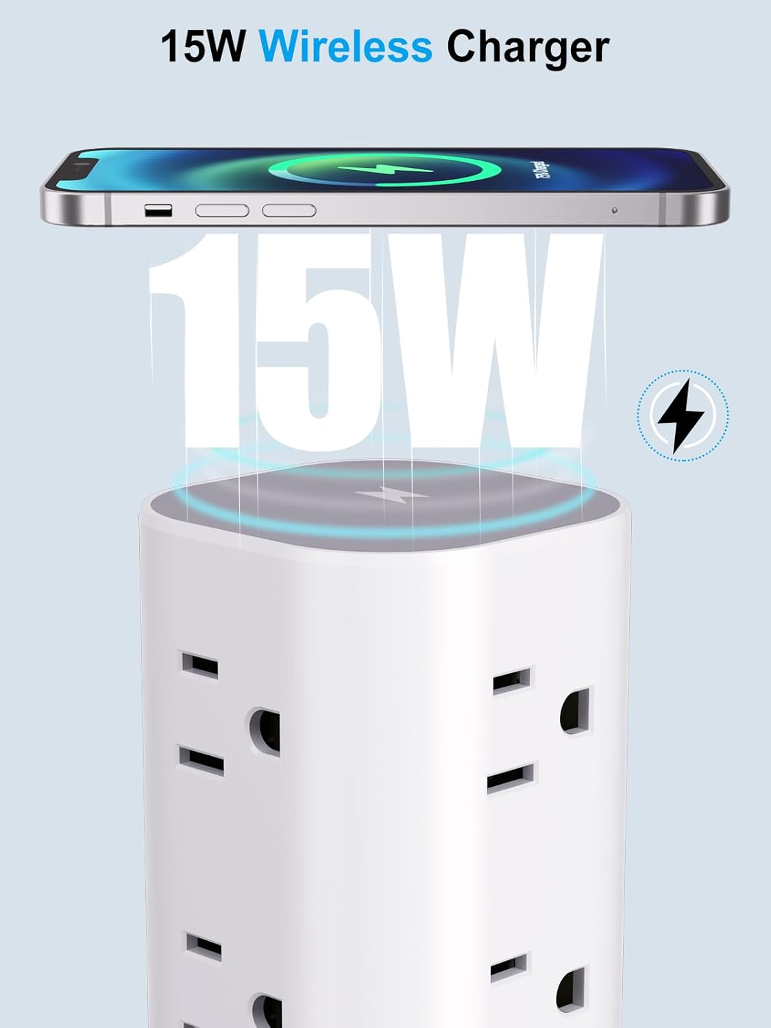 Detalle de Power Strip Tower with Wireless Charger: 17-in-1 Desk Organizer and Charging Hub