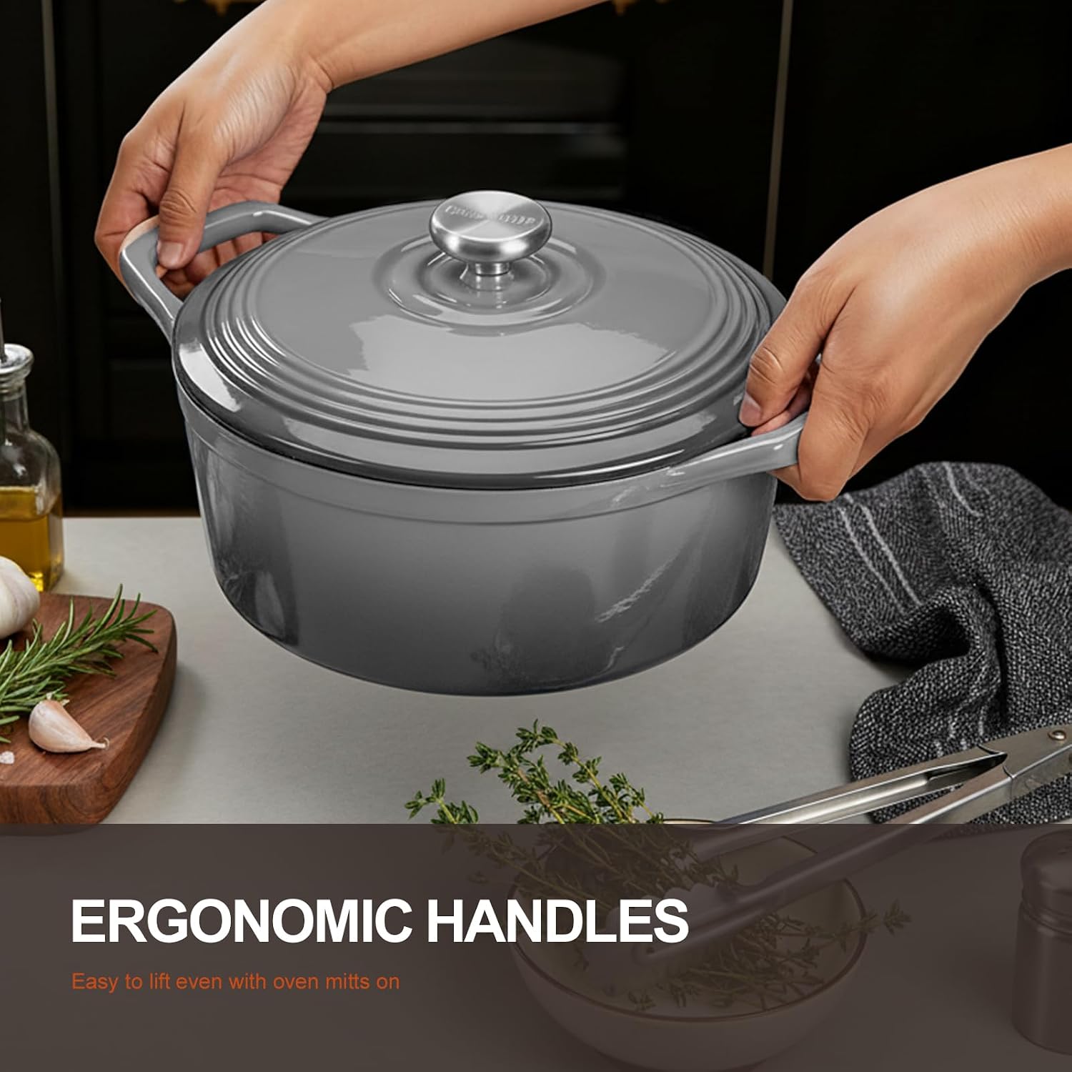 Detalle de Overmont 26cm Enamelled Cast Iron Round Casserole Pot with Lid (5.2L) – Grey