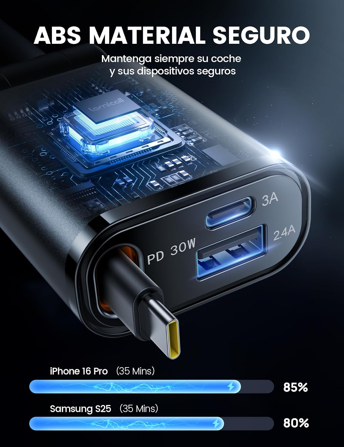 Detalle de Lamicall 3 EN 1 cargador coche 50W