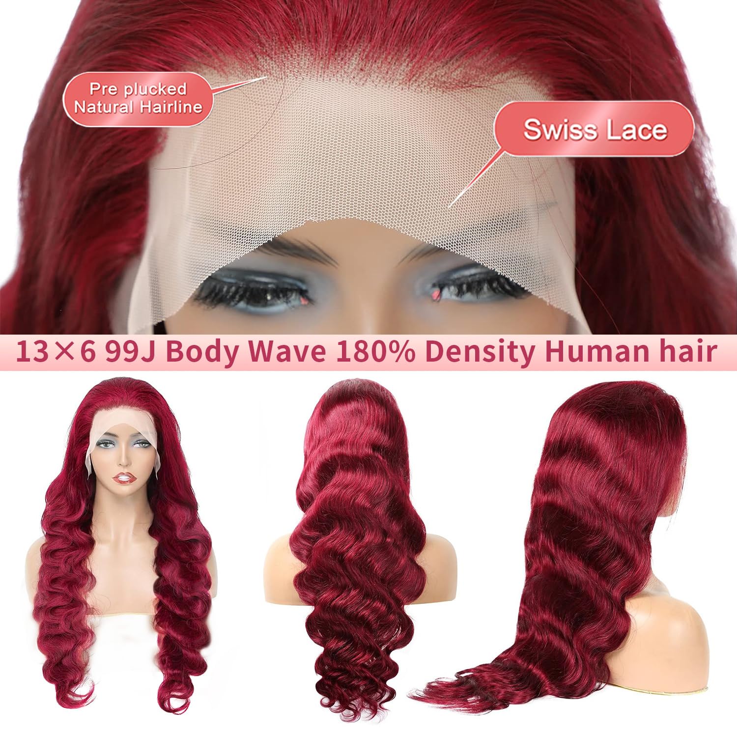 Thumbnail 4 de 99j Burgundy 13x6 Lace Front Human Hair Wig (28 Inch) – Body Wave, Pre-Plucked, 180% Density