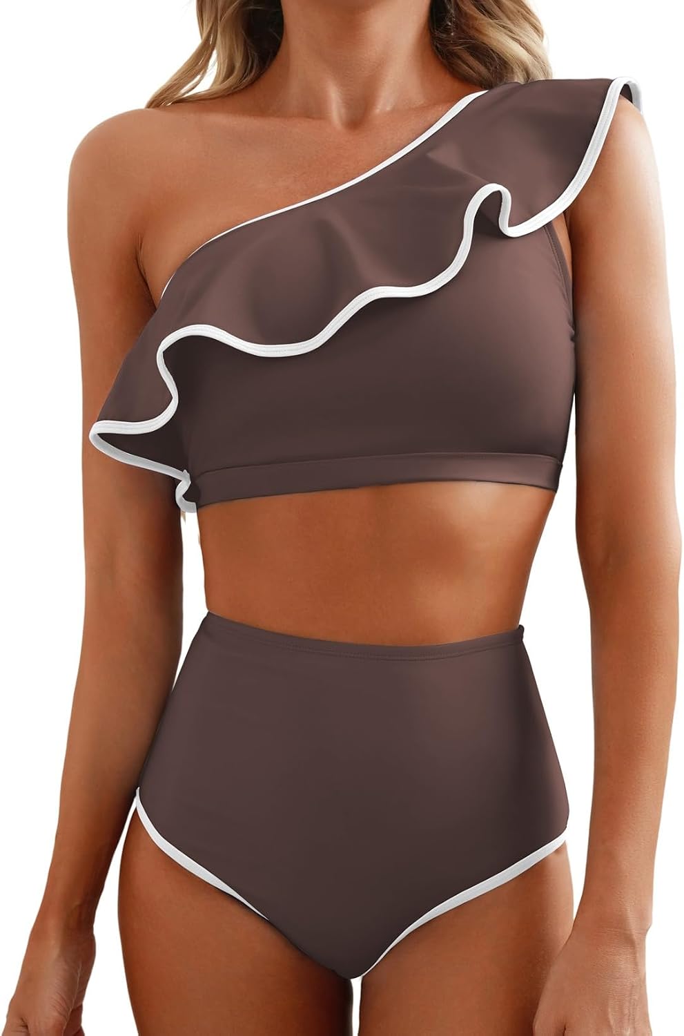 Thumbnail 6 de Herseas Women's One Shoulder Color-Block Bikini Set with Ruffle Hem