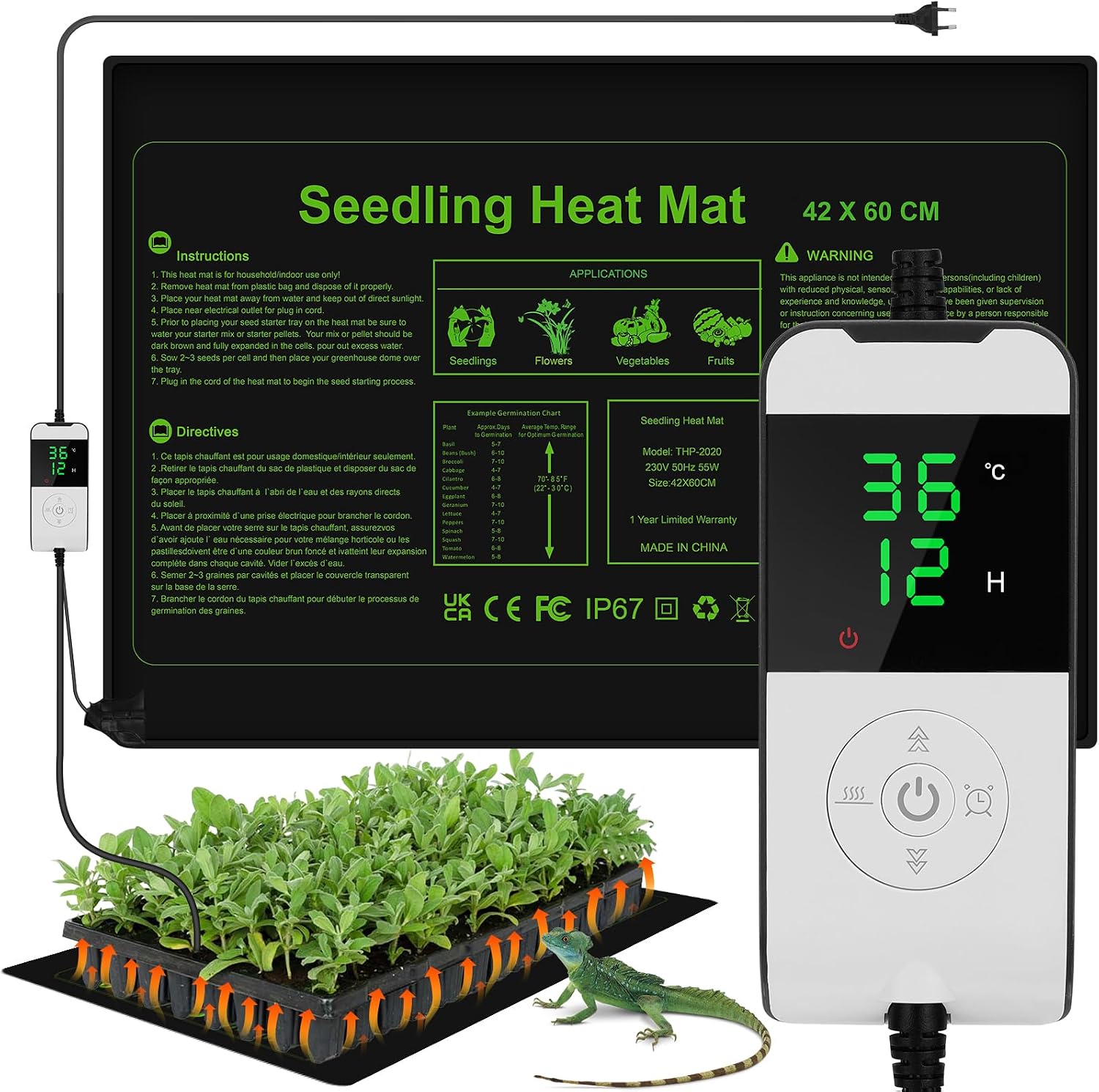 Detalle de WADEO Heizmatte für Pflanzen groß (55 W) mit Thermostat, 60 x 42 cm, Timerfunktion