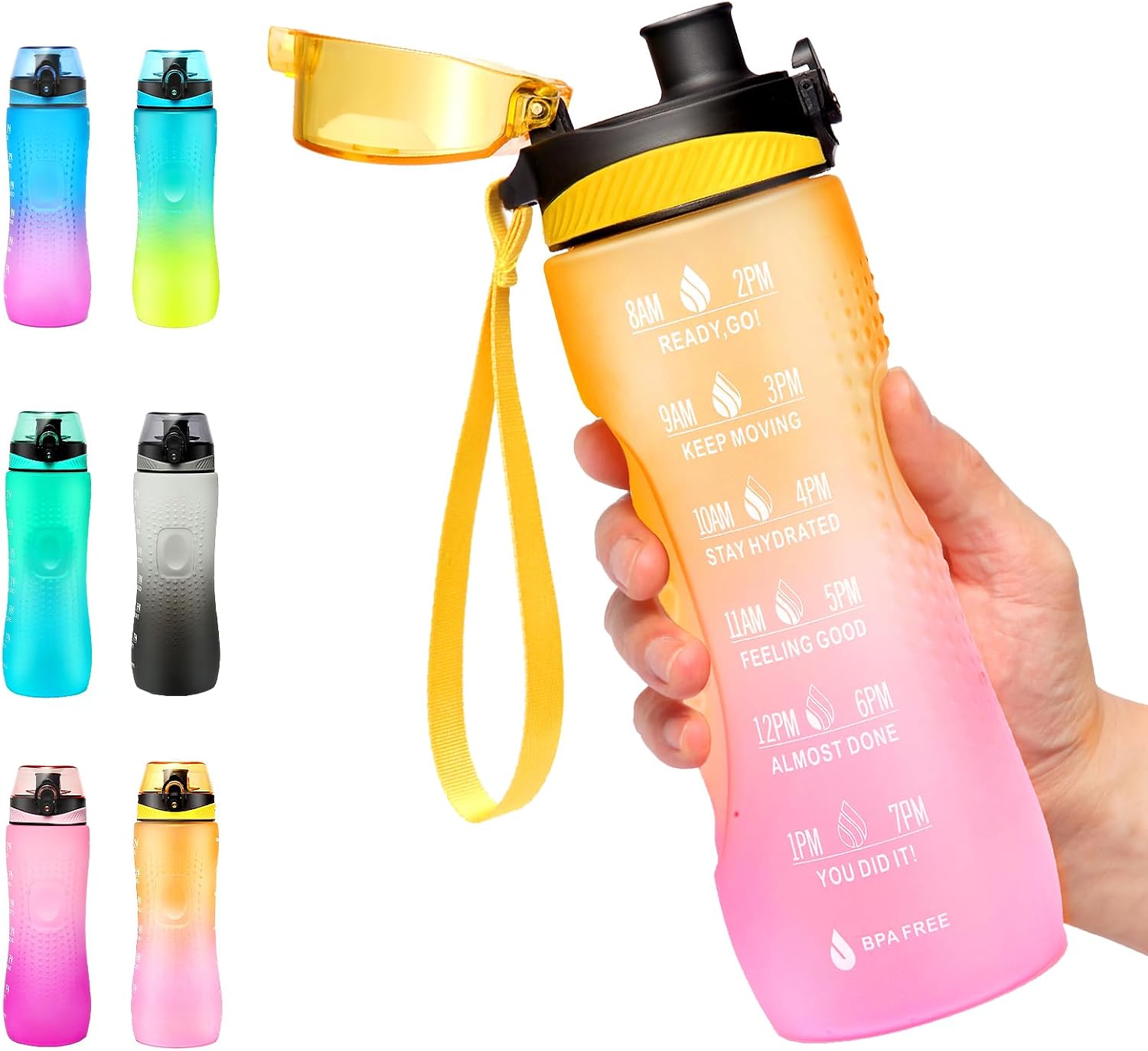 Binudum Motivations-Trinkflasche mit Zeitmarkierung (Tritan, BPA-frei), auslaufsicher – 750 ml
