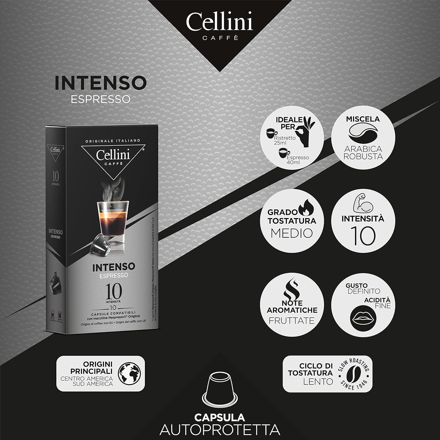 Detalle de Capsules de café Cellini compatibles Nespresso – Intenso, 100 pcs
