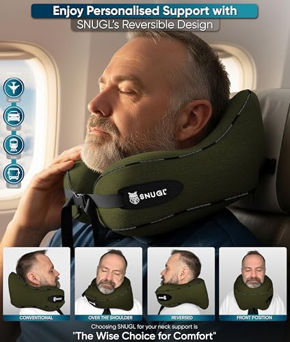 Detalle de SNUGL Travel Pillow, Adult Regular Memory Foam Neck Pillow, Olive Green