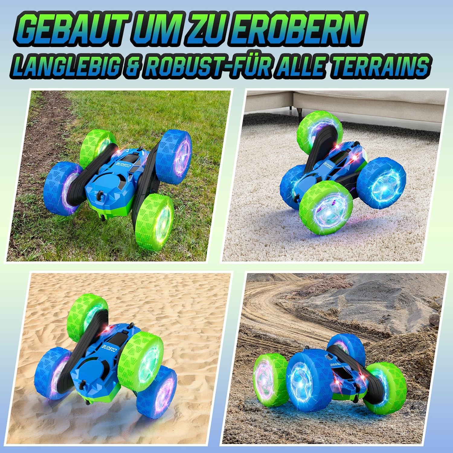 Thumbnail 5 de cosone Ferngesteuertes RC Stunt Auto für Kinder (Blau & Grün) mit 360°-Dreh-Lichtern, für 6–12 Jahre