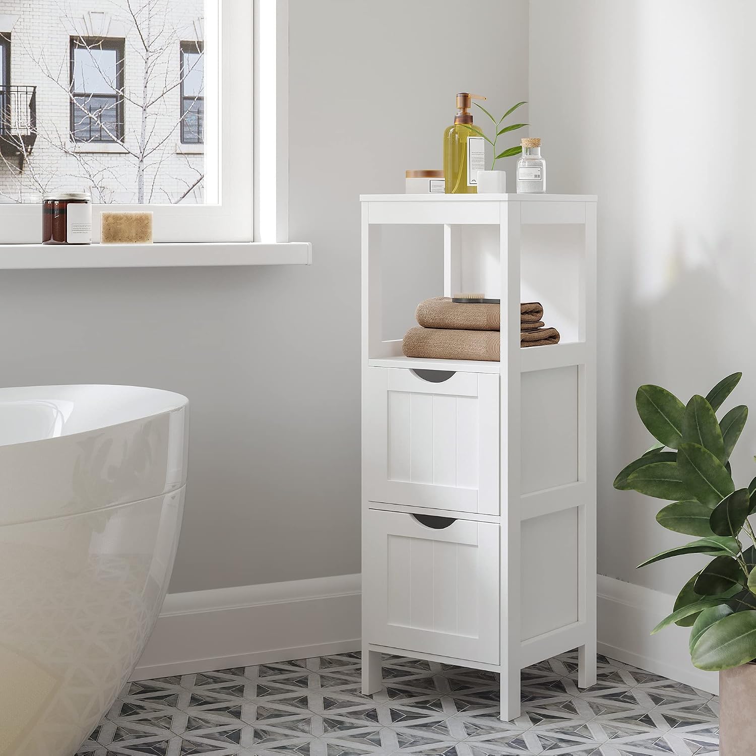 Detalle 2 de VASAGLE Mobile da bagno bianco BBC42WT con 2 cassetti e ripiano aperto