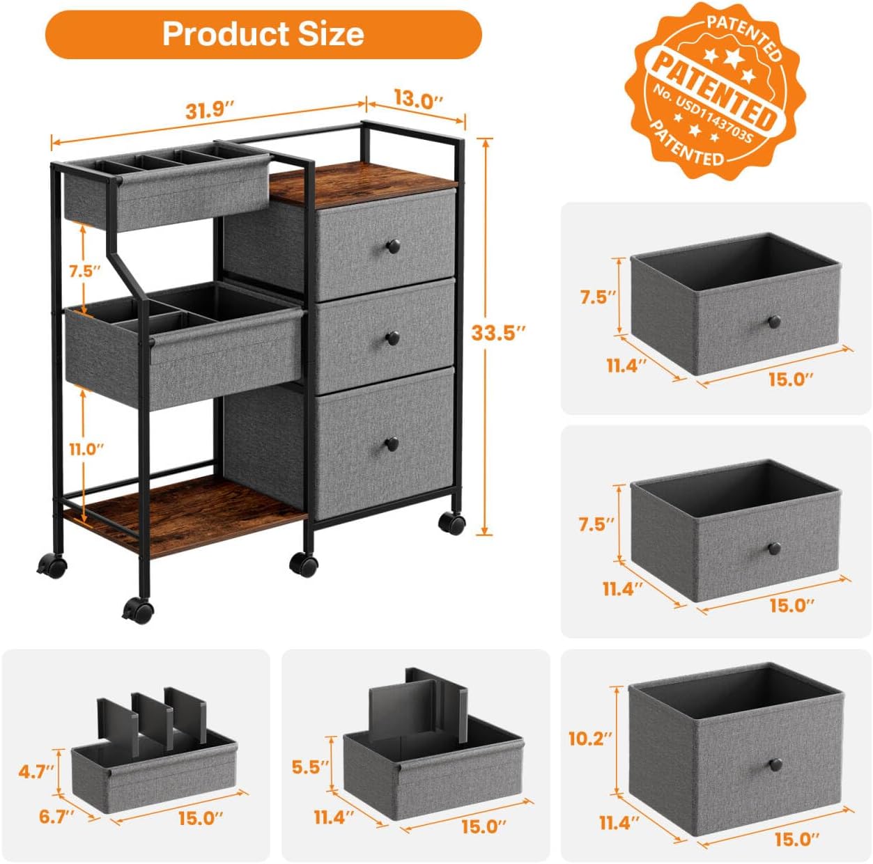 Detalle de Modanais Baby Diaper Caddy Organizer Cart (3-Tier Rolling Utility Cart with Dividers & Drawers)