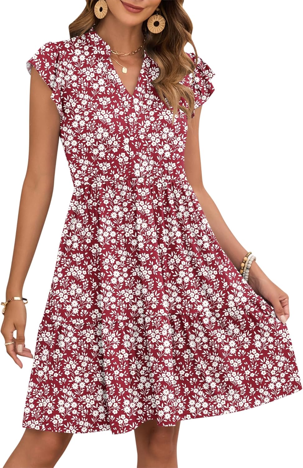 Thumbnail 1 de AUSELILY Damen Sommerkleid mit V-Ausschnitt, Rüschen-Ärmel und elastischer Taille – knielang, Strandkleid mit Taschen