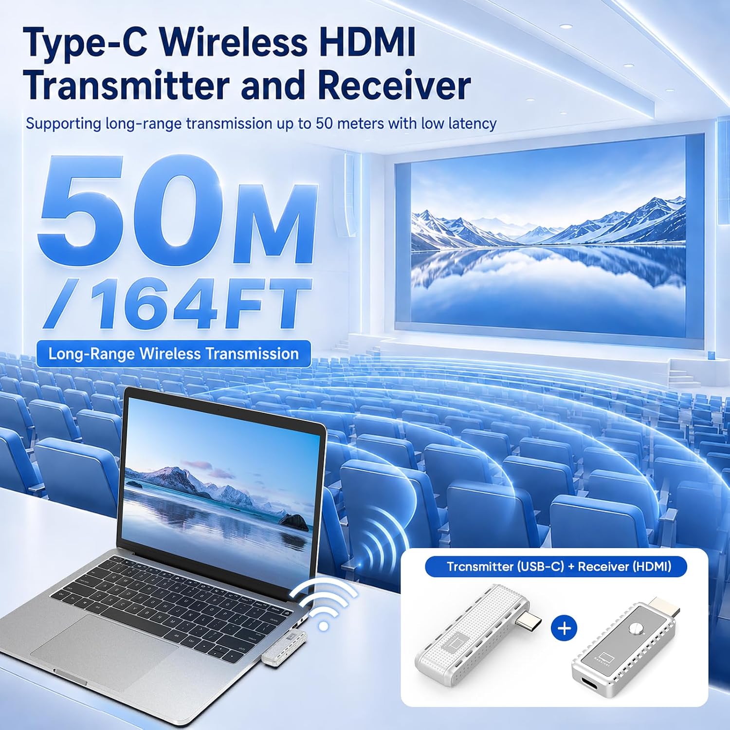 Detalle de Type-C Wireless HDMI Transmitter and Receiver (164FT) – Plug & Play 4K Decode to 1080p, for Phone, Tablet, Laptop to TV/Monitor