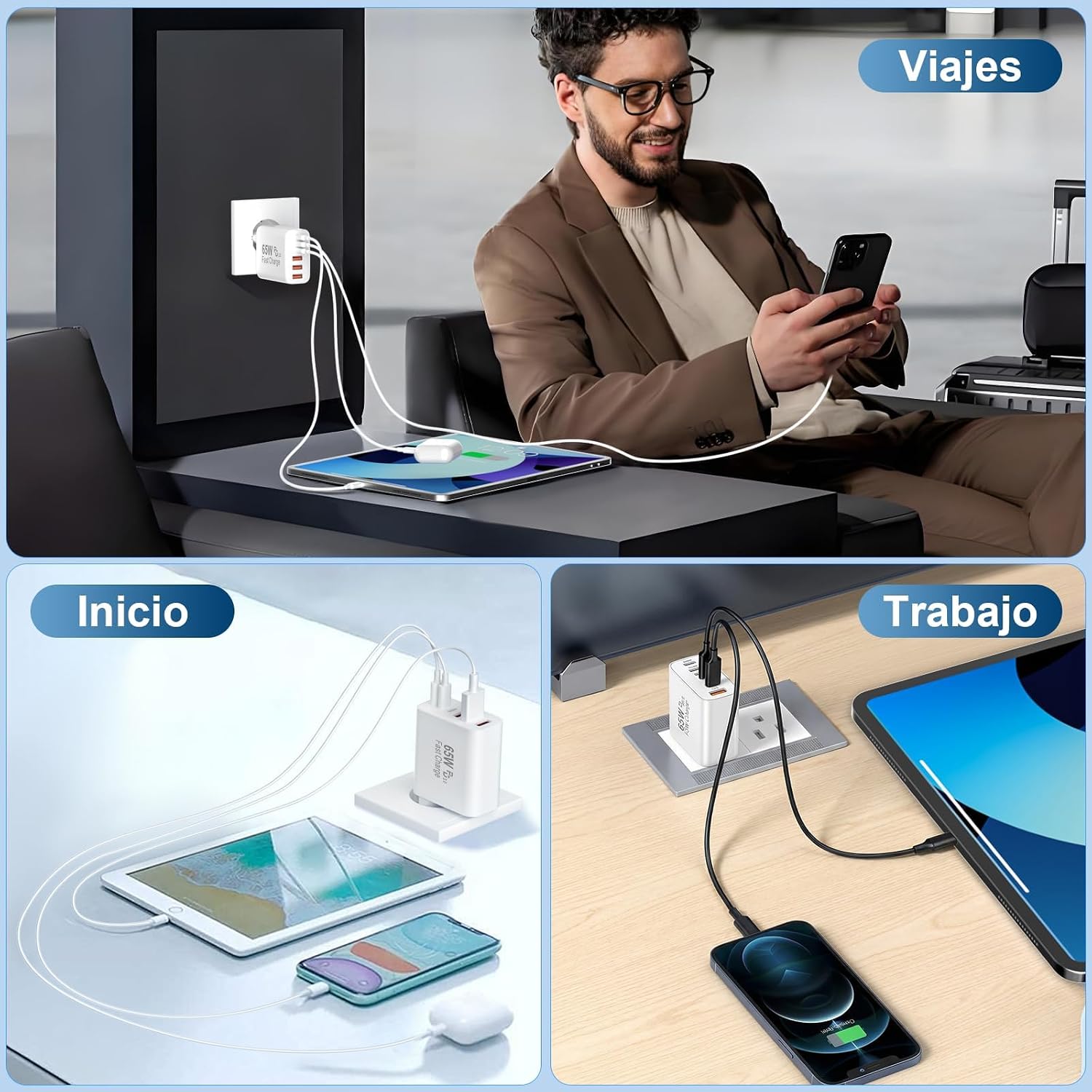 Thumbnail 6 de BSTOEM Cargador USB-C 65W: 6 Puertos PD+QC, Enchufe Múltiple para iPhone, iPad, Samsung y más