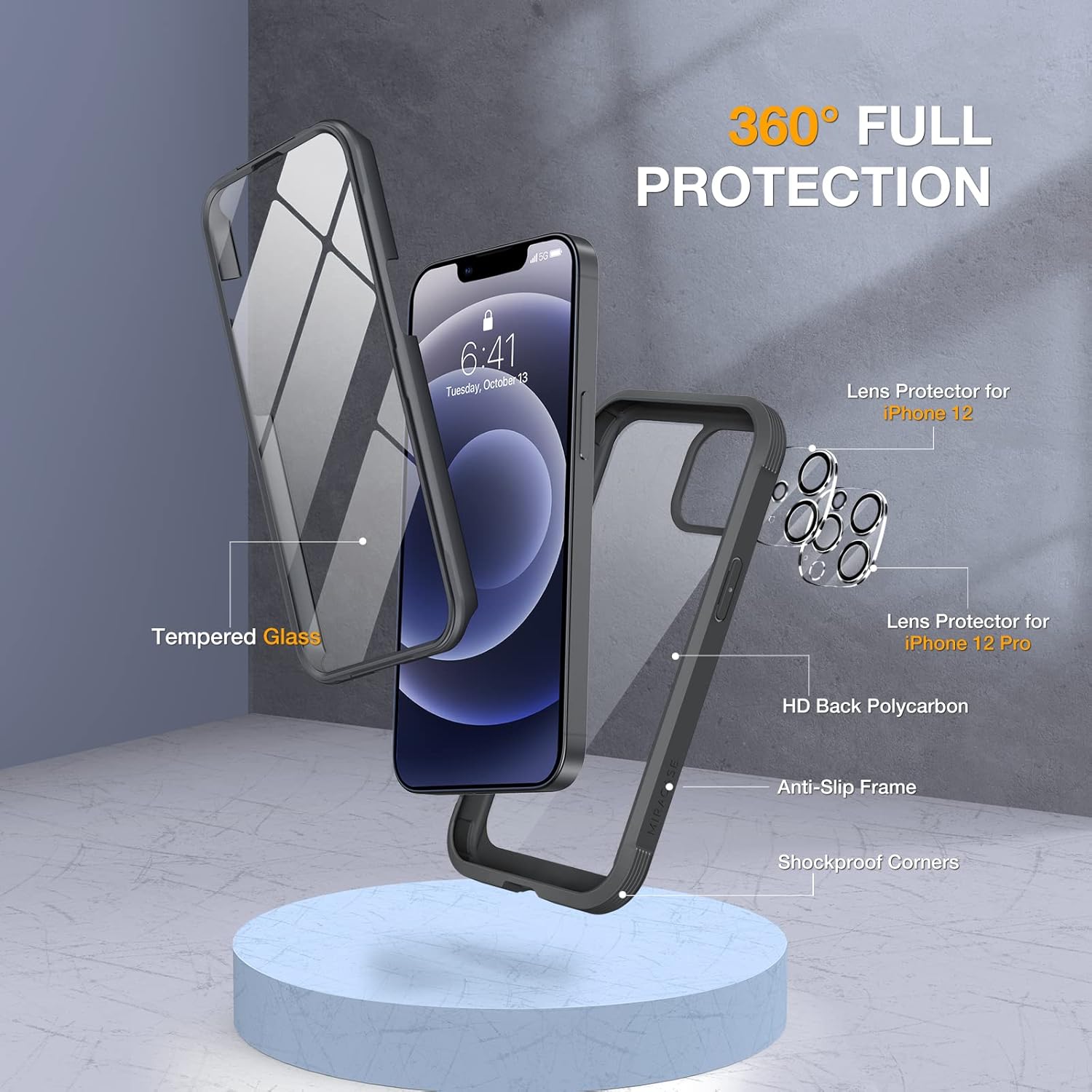 Thumbnail 3 de Miracase iPhone 12 / 12 Pro 6.1-inch Case with Built-in Tempered Glass Screen Protector (Full Body, Black)