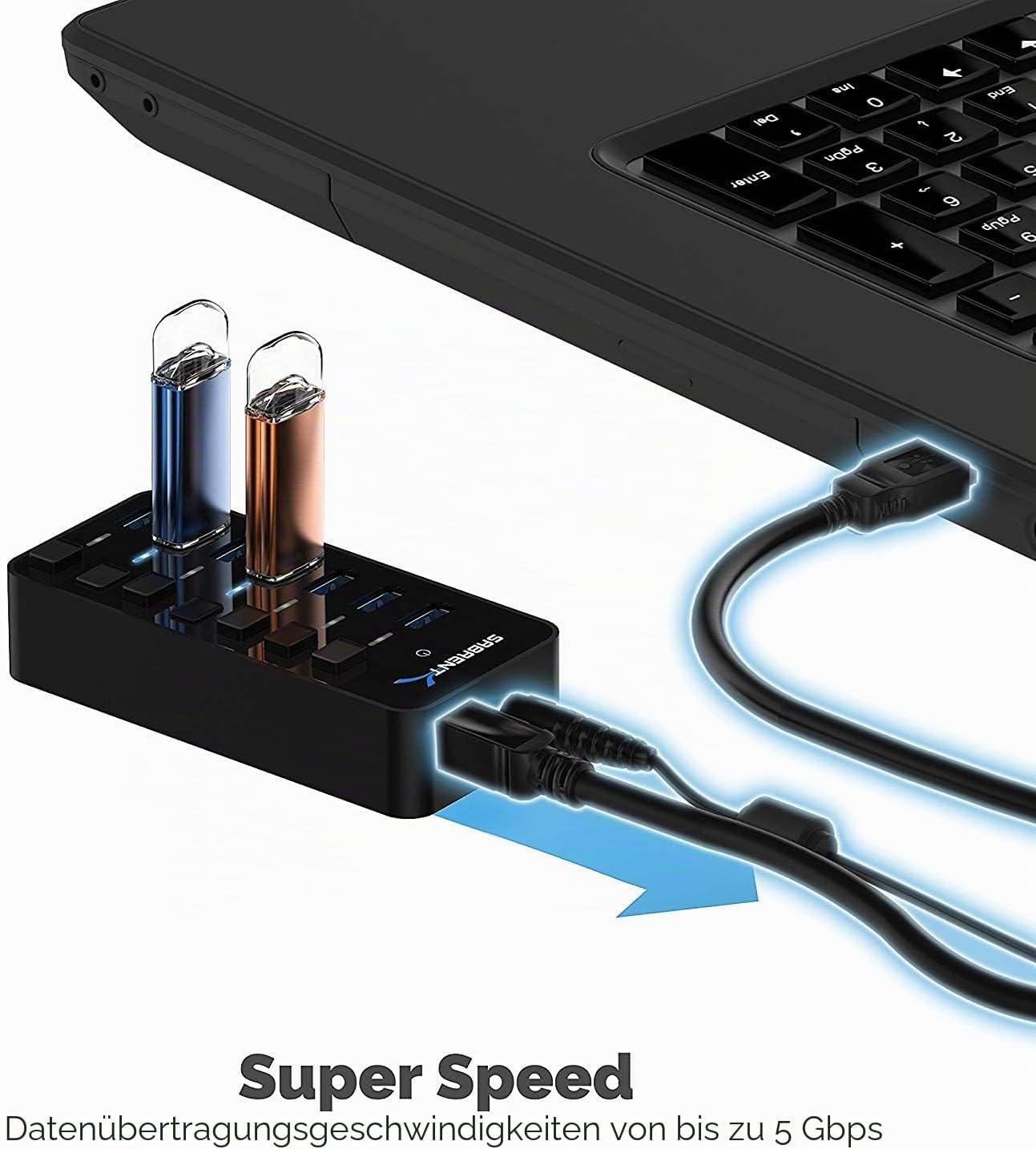 Detalle 2 de SABRENT USB Hub aktiv 3.2x1 mit Netzteil – 7 Ports, 36W, Power-Schalter, USB3.2 Gen 1
