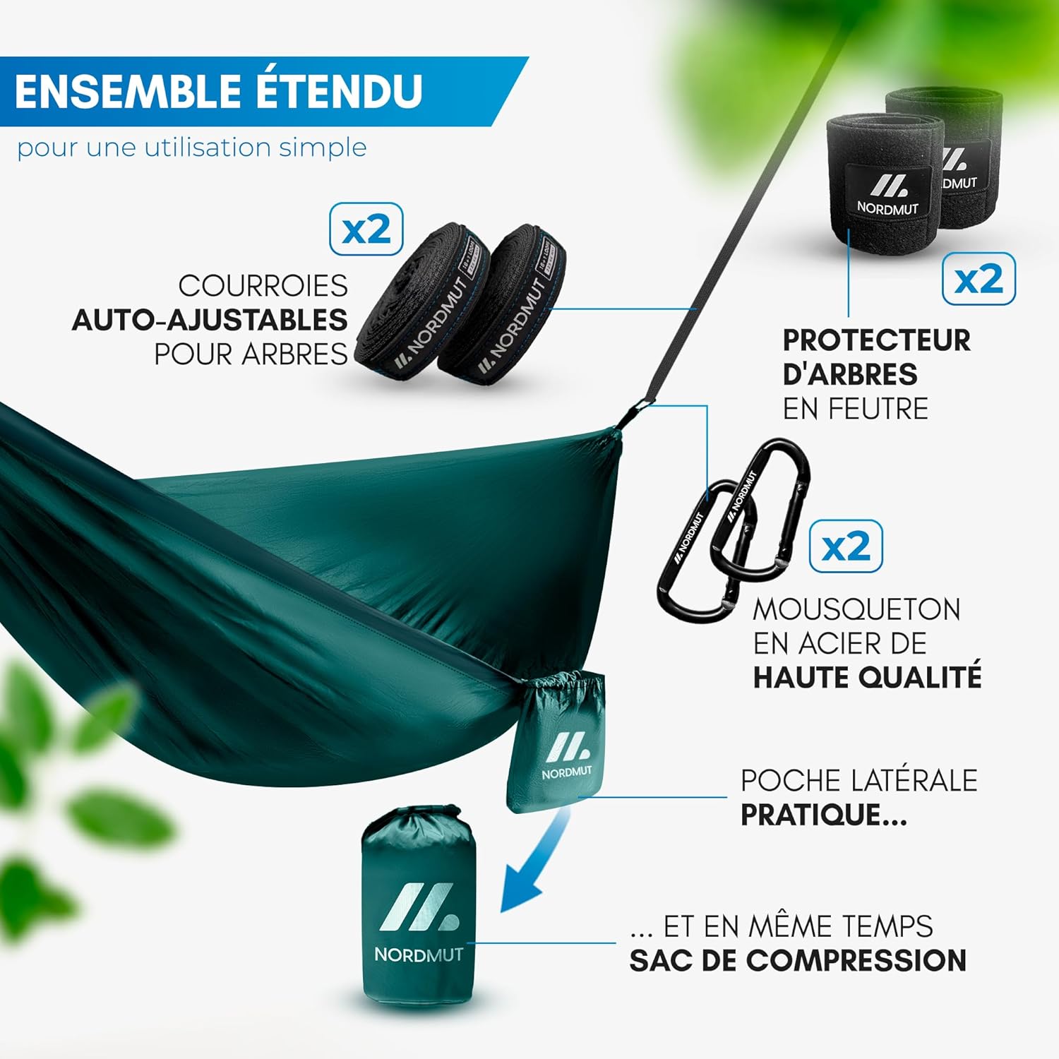Thumbnail 4 de NORDMUT Hamac Ultra Léger Outdoor avec Kit de Fixation – Hamac de Camping 140 x 275 cm, charge jusqu’à 300 kg